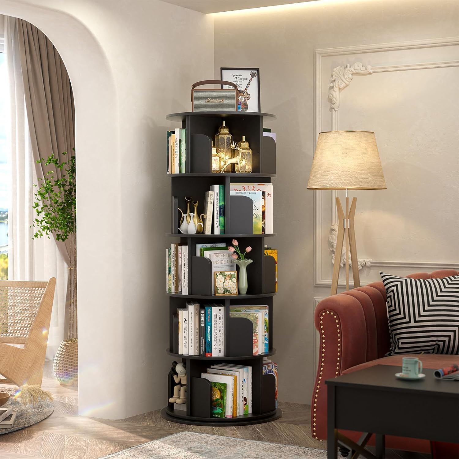 iSunirm Libreria Girevole,Scaffale Per Libreria Da Terra A 5 Livelli,Scaffale Portaoggetti per Bambini e Adulti,Stretto In Legno Per Camera Da Letto, Soggiorno,Nero