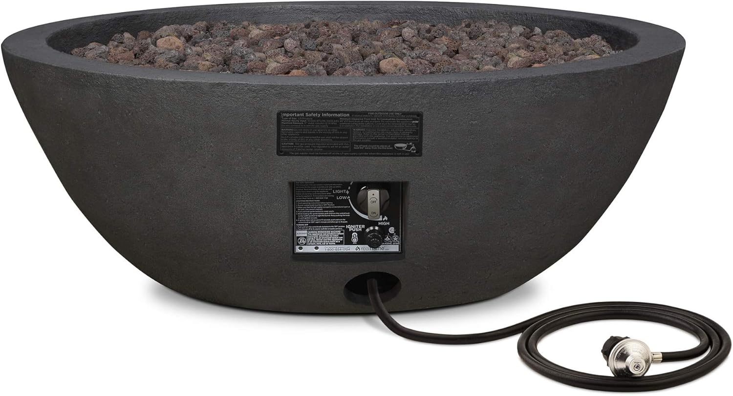Rear view of Real Flame Riverside Fire Pit showing control panel and LP hose connection
