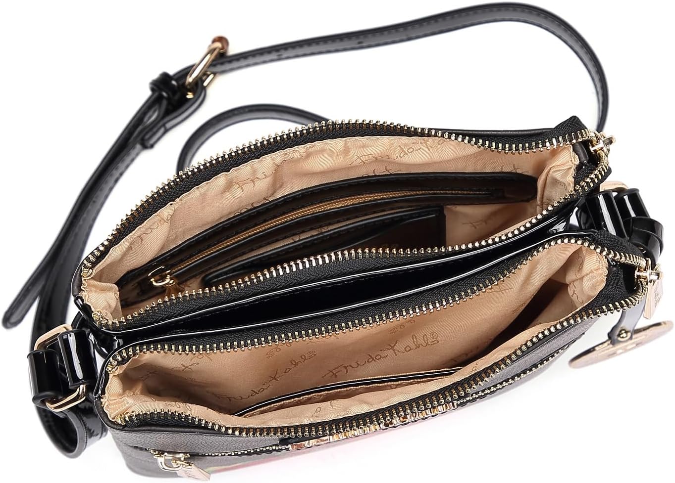 Frida Kahlo Viva La Vida Crossbody Bag, Black Floral Art Design, Multi-Compartment with Gold Hardware and Patent Leather