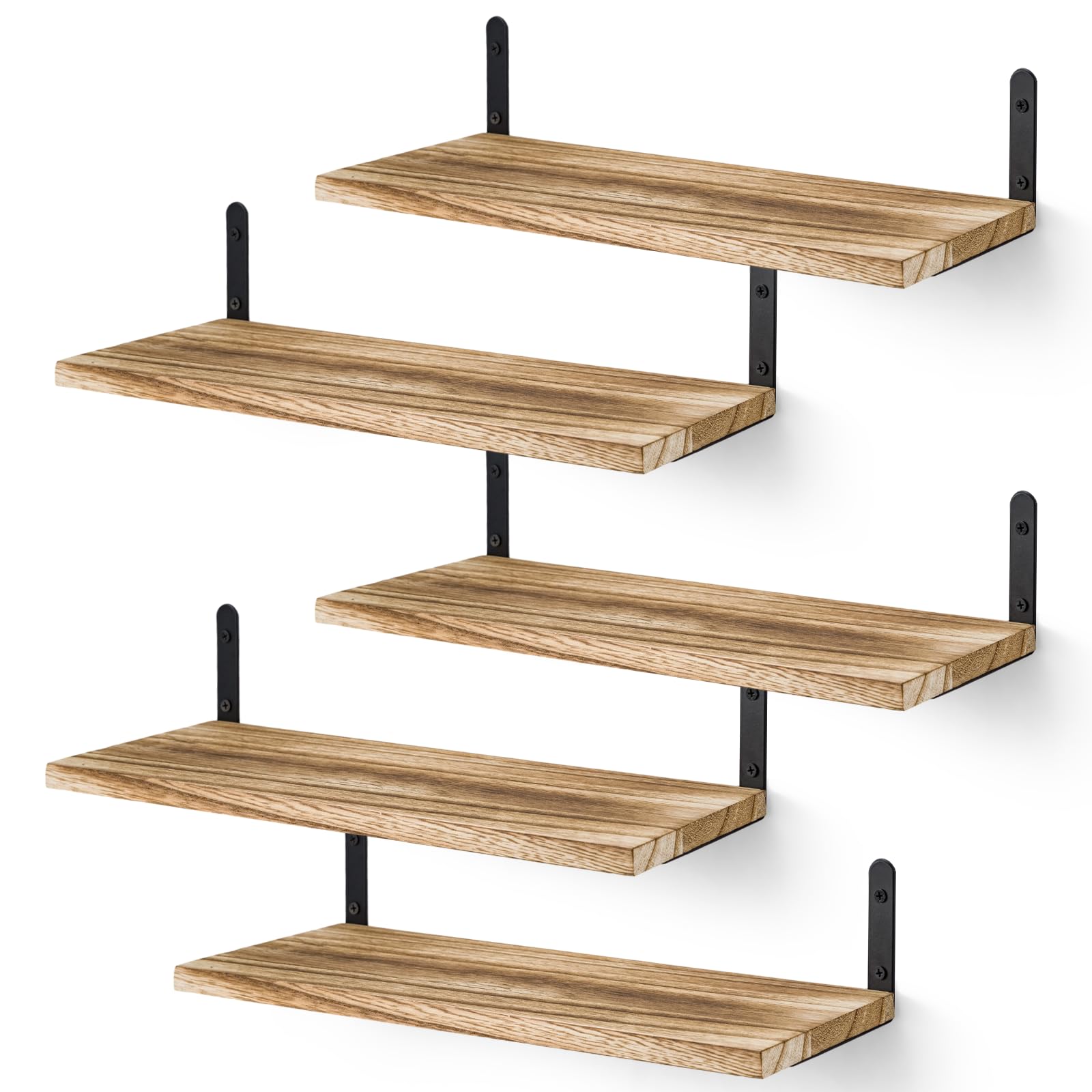 GreenWhim Floating Shelves Set of 5, Wooden Wall Shelf with Metal Brackets – 43 × 15 cm, 1.5 cm Thick – Rustic Wall Mounted Shelves Set for Bedroom, Living Room, Bathroom, Kitchen