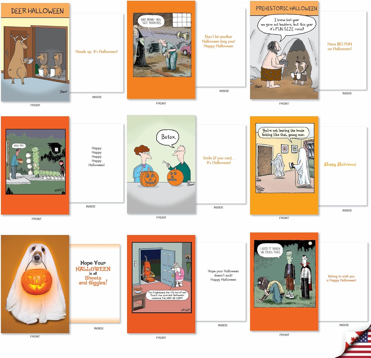 NobleWorks - 36 Assorted Funny Halloween Greeting Cards Box Set w/Envelopes, Variety Pack Mix Humor Notecard Set with Pumpkins, Ghosts (36 Designs, 1 Each) - Halloween Hilarity AC3437HWG-B1x36