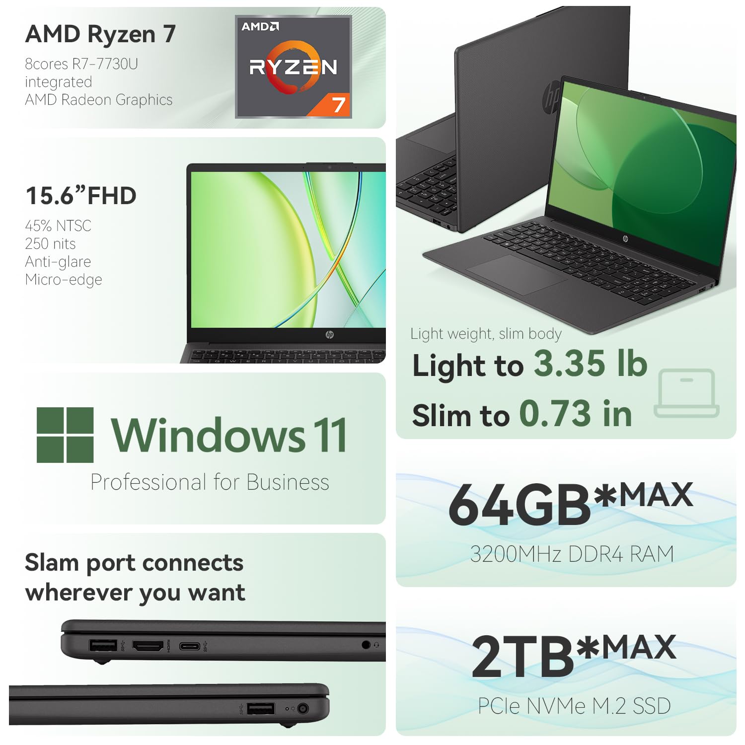 HP 255 G10 Professional Business Laptop, AMD Ryzen 7 7730U, 15.6" FHD IPS Display, 32GB RAM, 1TB SSD, HDMI, Wi-Fi 6, Webcam, Windows 11 Pro, Black, with Thunderobot ML101 Green Wireless Mouse