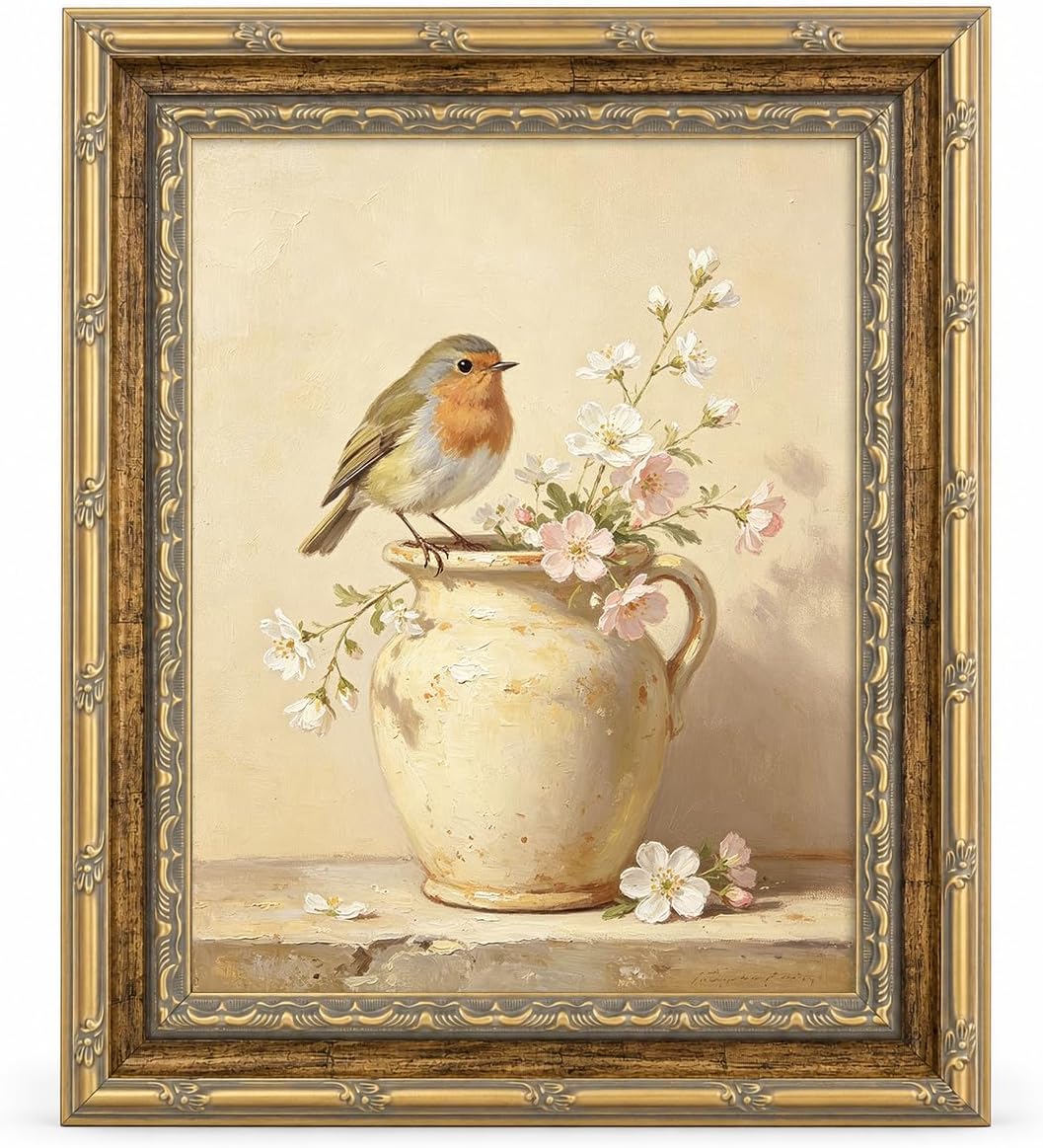 Robin and Blossom Pitcher Canvas Art, Antique Gold Frame 12x16 in