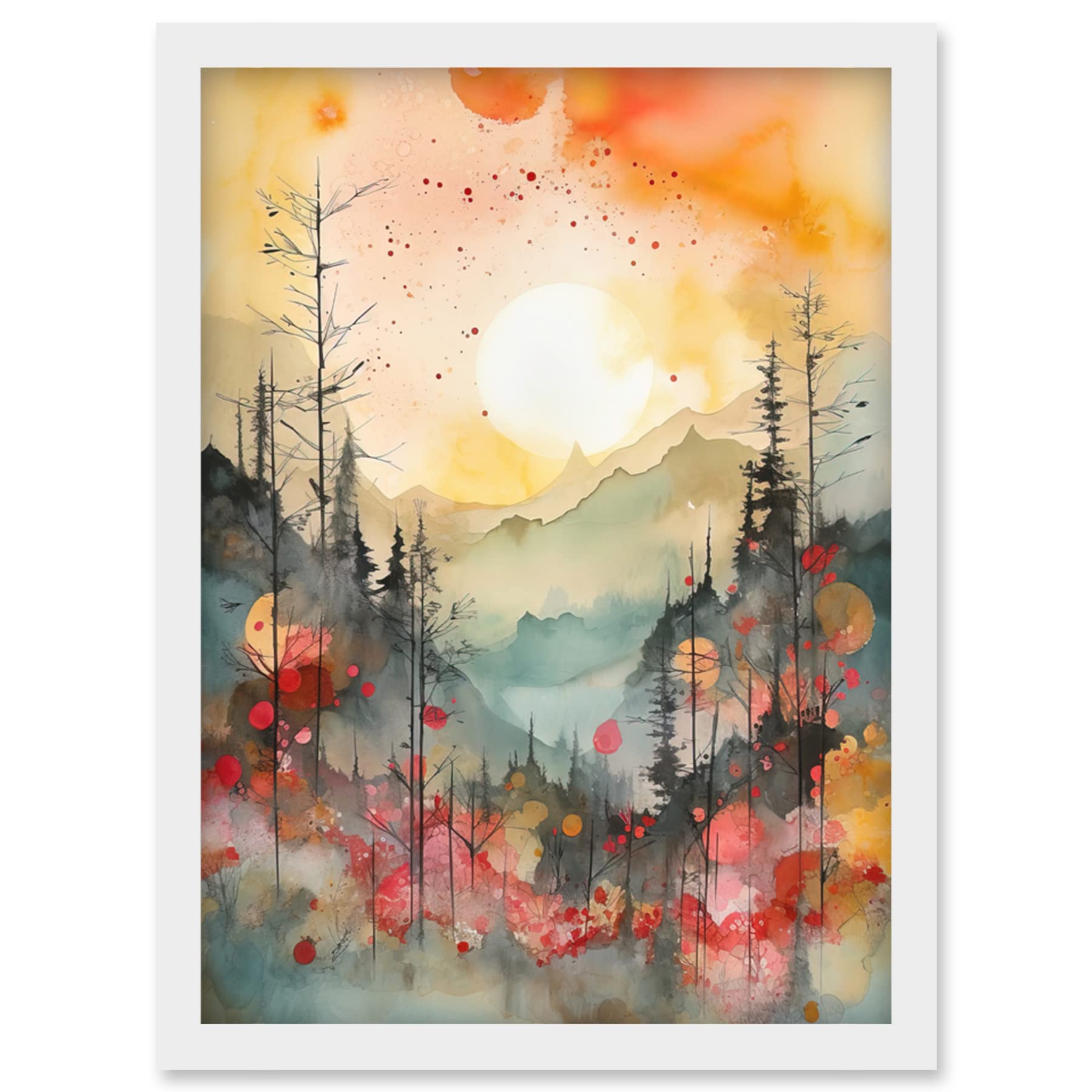 Artery8 Sunrise Over Misty Mountain Forest Landscape Modern Watercolour Painting Artwork Framed Wall Art Print A4