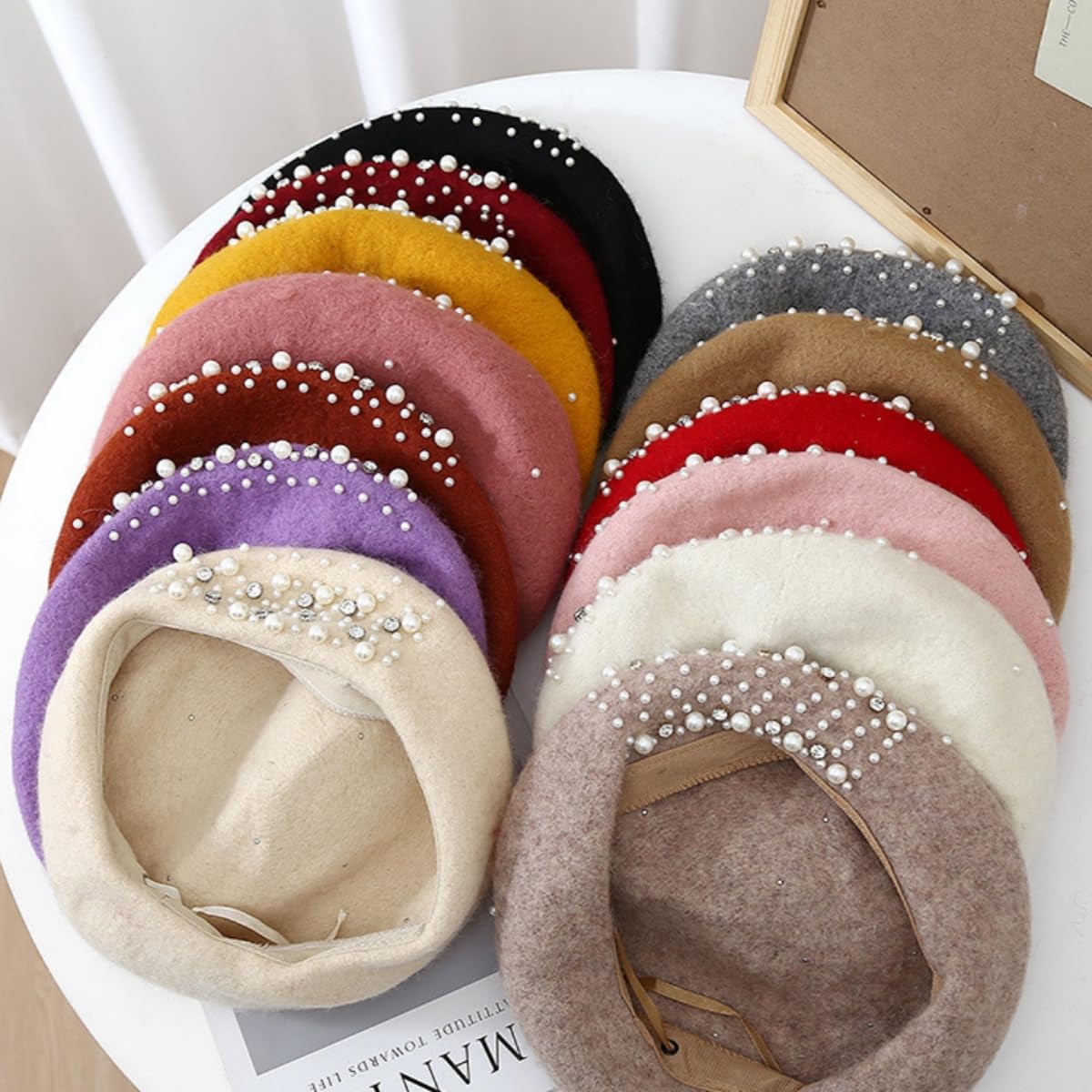 Punctualgood Womens Beret Hat Wool Winter Warm Beanie Hat Pearl Rhinestone French Artist Hats