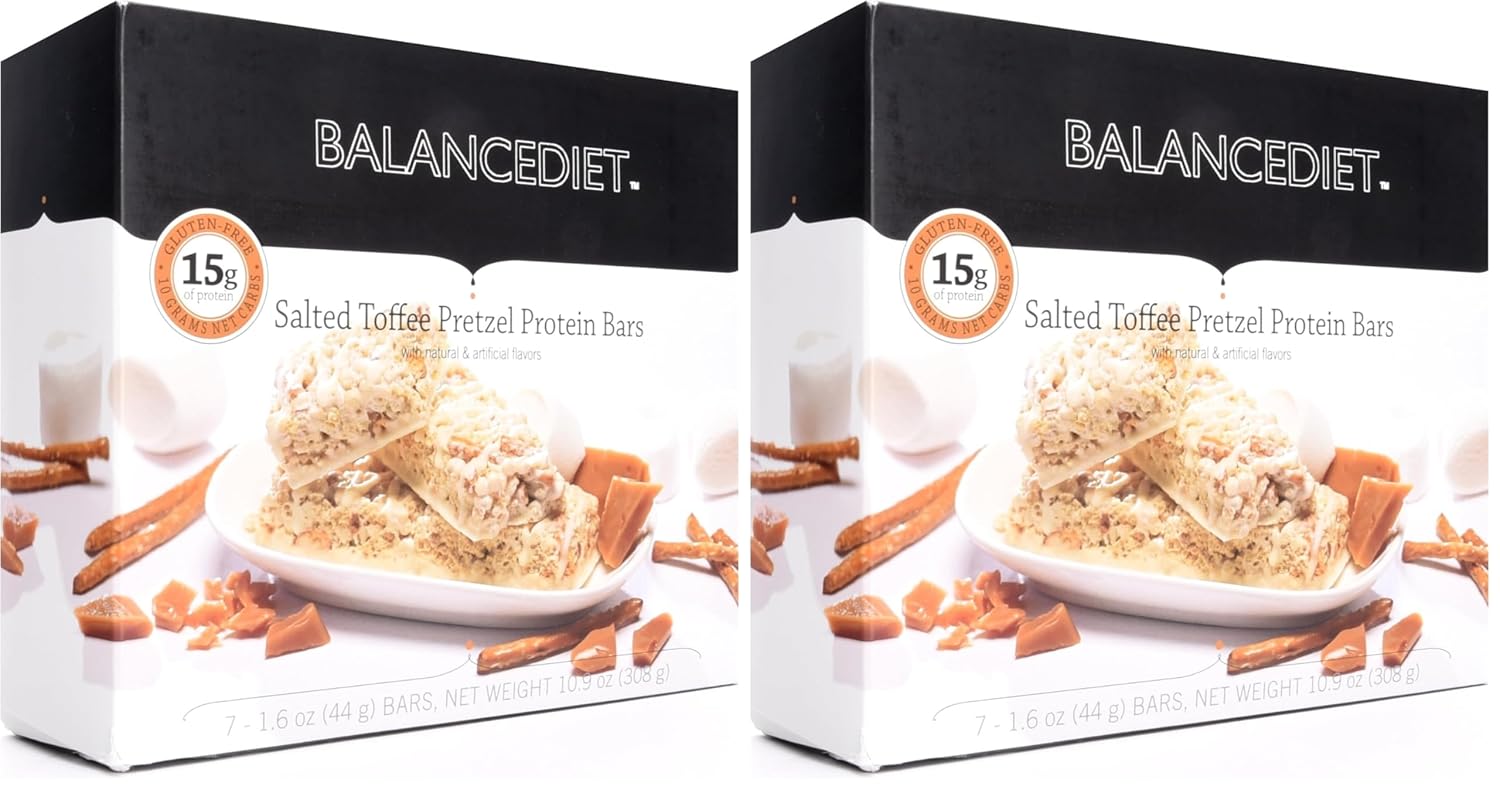 BalanceDiet™ | Protein Bar | 15g of Protein | Low Carb | 7 Bar Box (Salted Toffee Pretzel) (Pack of 2)