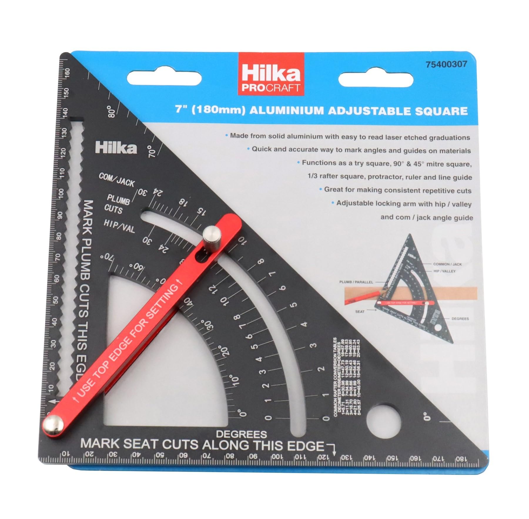 Hilka 75400307 7" (180mm) Aluminium Adjustable Square, Black
