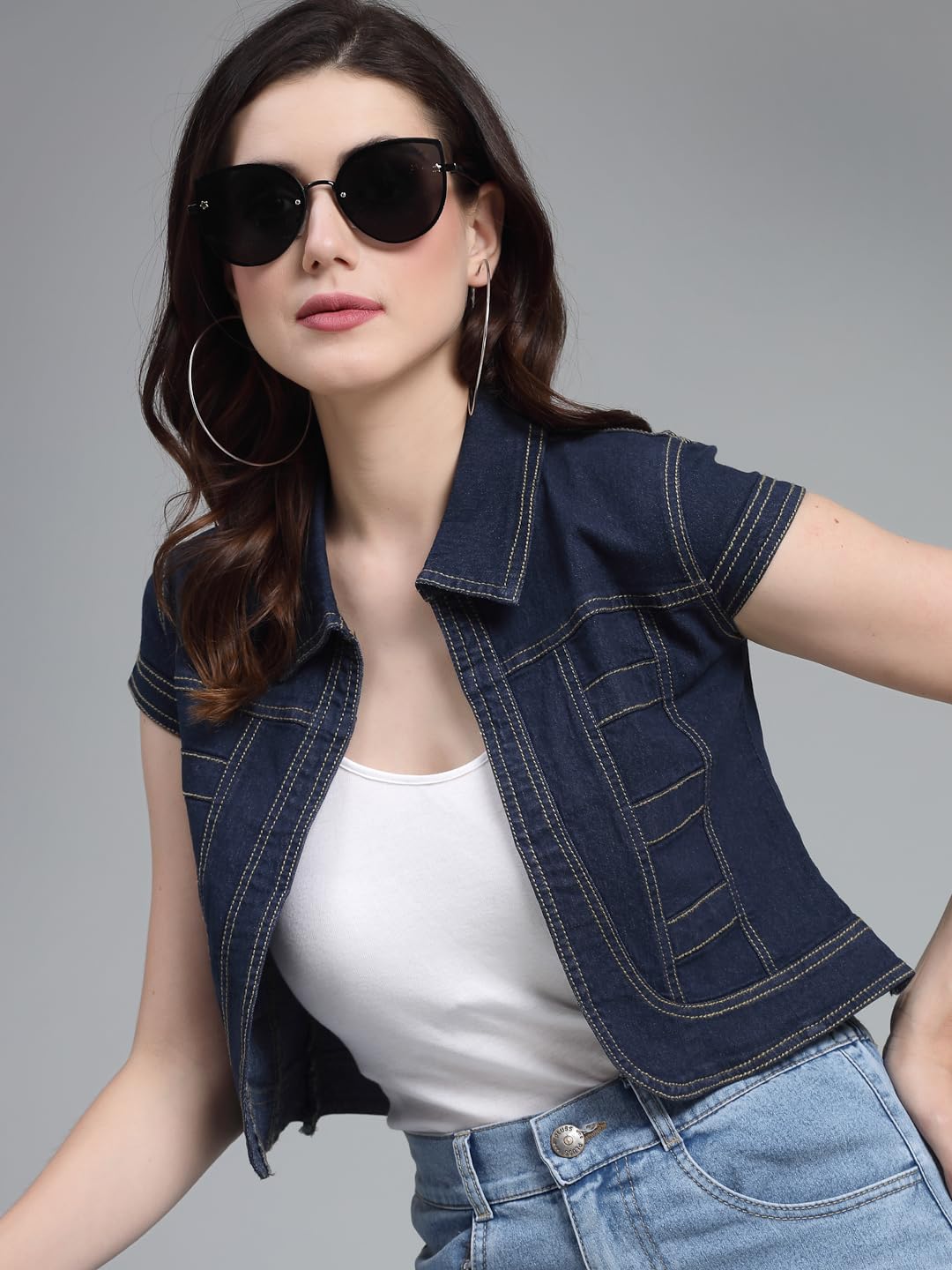 Style Quotient Women Navy Blue Denim Open Front Regular Shrug - Image 3 thumbnail