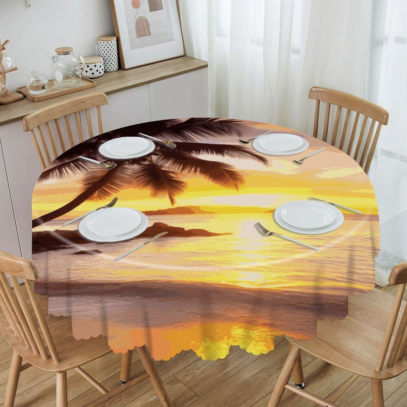 MUSM Sunrise Tropical Palm Tree Island Table Cloths Round Wrinkle Resistant Tablecloths Washable Polyester Table Cover Waterproof Decorative Washable Rustic Circle Tablecover for Kitchen Dining