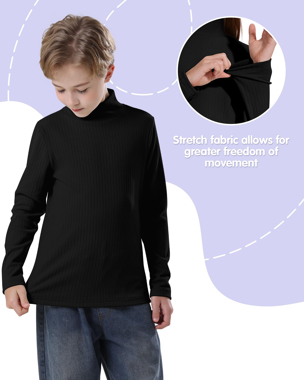 WOWENY T-Shirt à Manches Longues Unisexe pour Enfant - sous-vêtements Thermiques - Col roulé - T-Shirt côtelé Basique - sous-vêtements d'hiver pour garçons et Filles