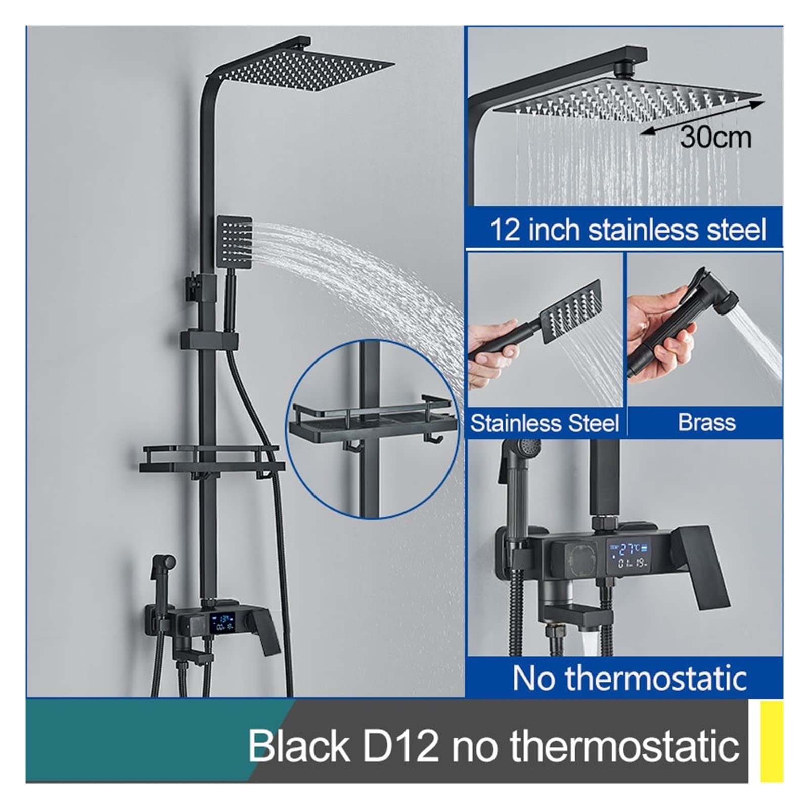Generico Set Miscelatore termostatico per Doccia Nero con Display Digitale, soffione Doccia a Pioggia, Miscelatore per Acqua Calda e Fredda, Funzione Bidet, Elegante Finitura Nera e Oro.