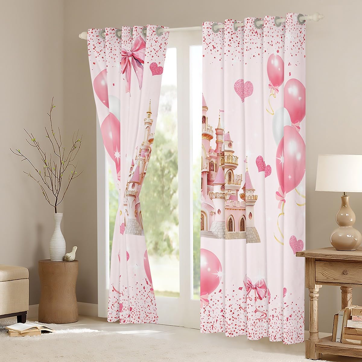 Homewish Rideau Occultant 30%-50% Fille Princesse Rose, Rideau Château Rose pour Enfant Ado, Rideau Voilage Nœud Papillon Kawaii, Voilage Fenetre Coeur d'amour Doux, 140x260 cm, 2 Panneaux