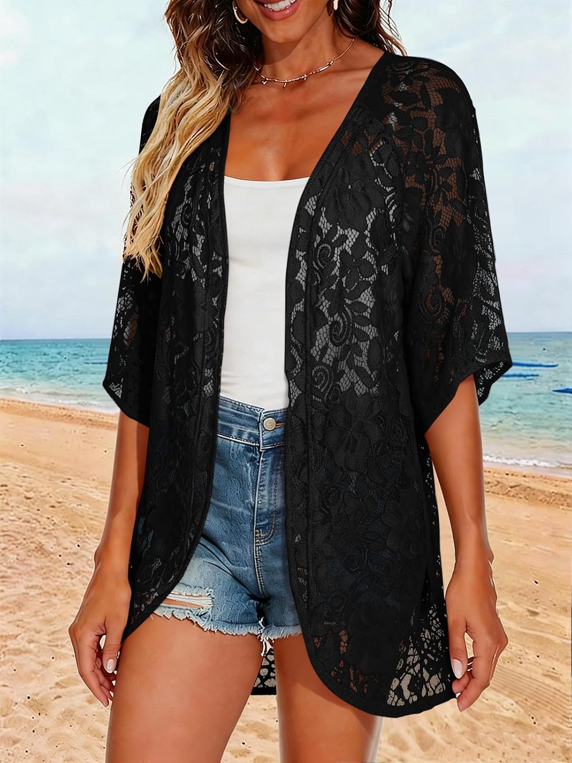 Women's Casual Lace Kimono Cardigan 3 4 Sleeve Sheer Shrug Formal Dress Beach Party Cover Up
