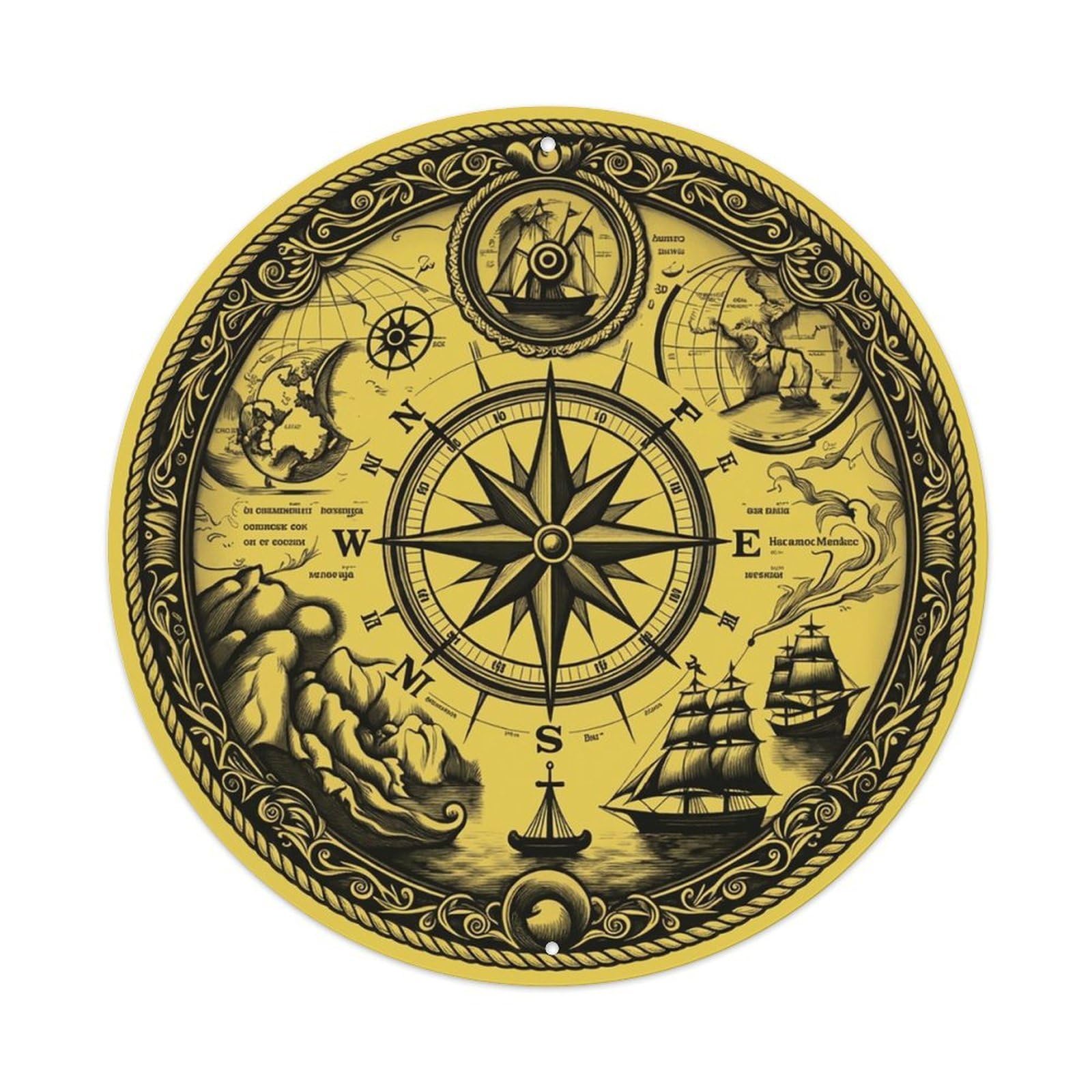 Vintage Nautical Compass World Map Chronicle Path Metal Tin Sign