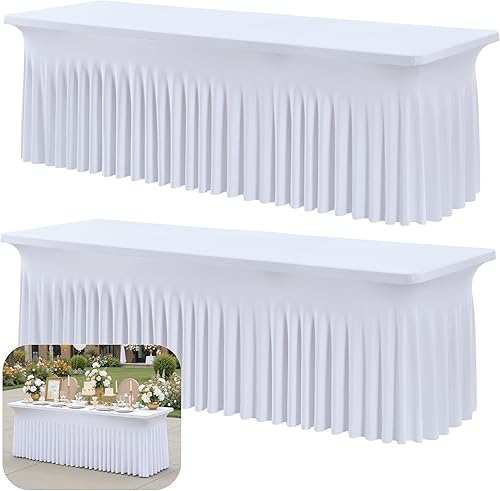 Vista 21 de Paquete de 2 manteles de elastano negro para mesas rectangulares de 6 pies, sin arrugas, elásticos, ajustables, falda de mesa elegante de 6 pies