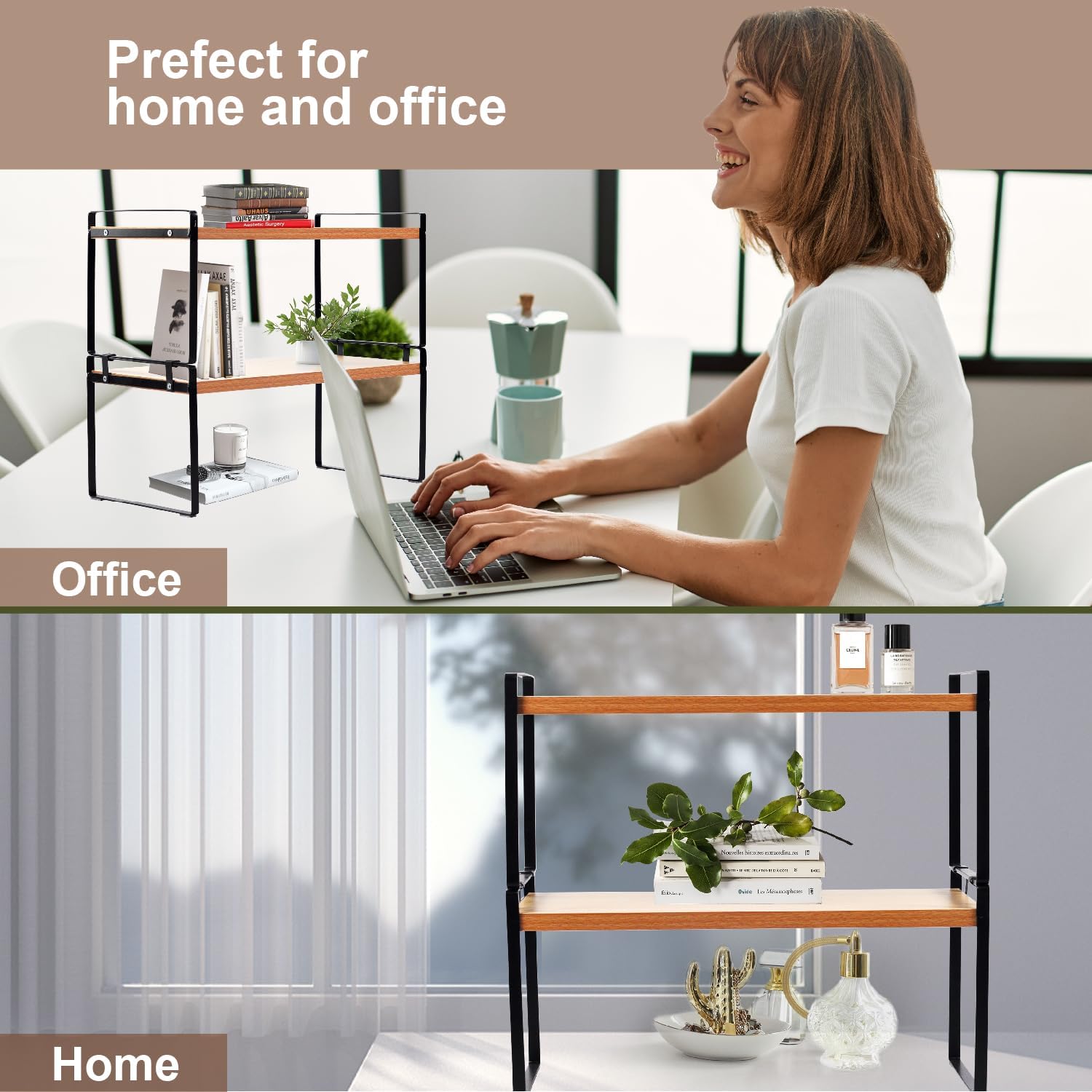 Office Desktop Shelf Organizer, Natural Wooden 2 Tier Desktop Organizer Shelf, Black Metal Frame Desk Shelf, Cute Dresser Top Organization Storage Rack, Small Display Organizer Shelf for Office, Home