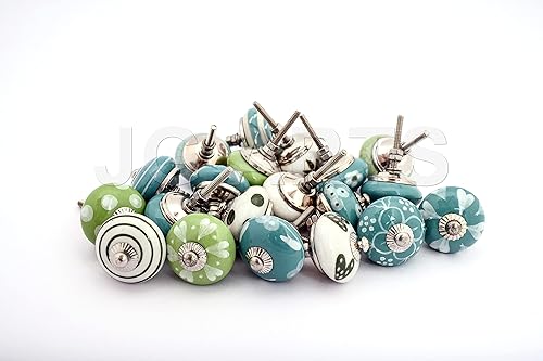 JGARTS 20 pomos de cerámica para puerta de cerámica, color azul aguamarina, turquesa, verde y blanco, crema, manijas de armario, tiradores de cajón