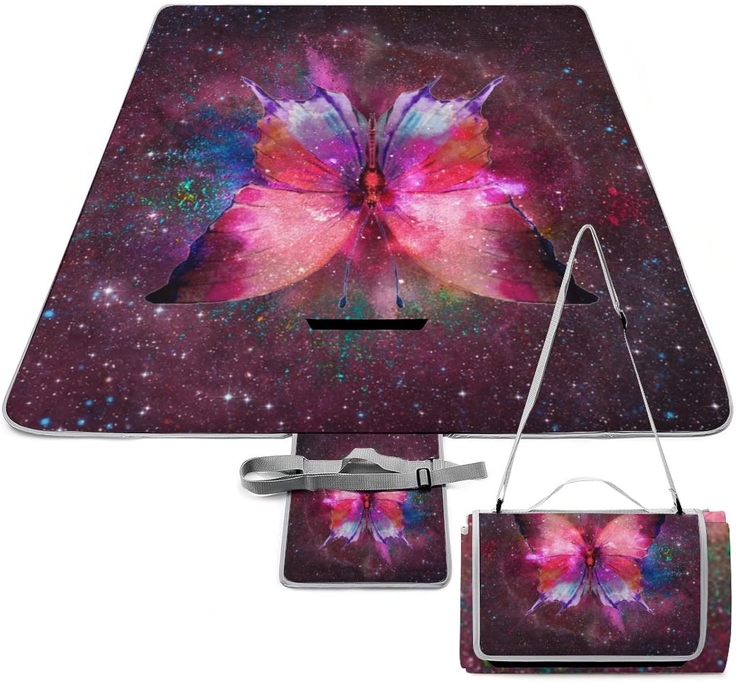 Pink Fantasy Butterfly and Flowers Outdoor Picnic Blanket Abstract Modern Art Colorful Butterfly Girls Room Deco for The Beach Camping on Grass Waterproof Sandproof 58.3x58.3 Inch