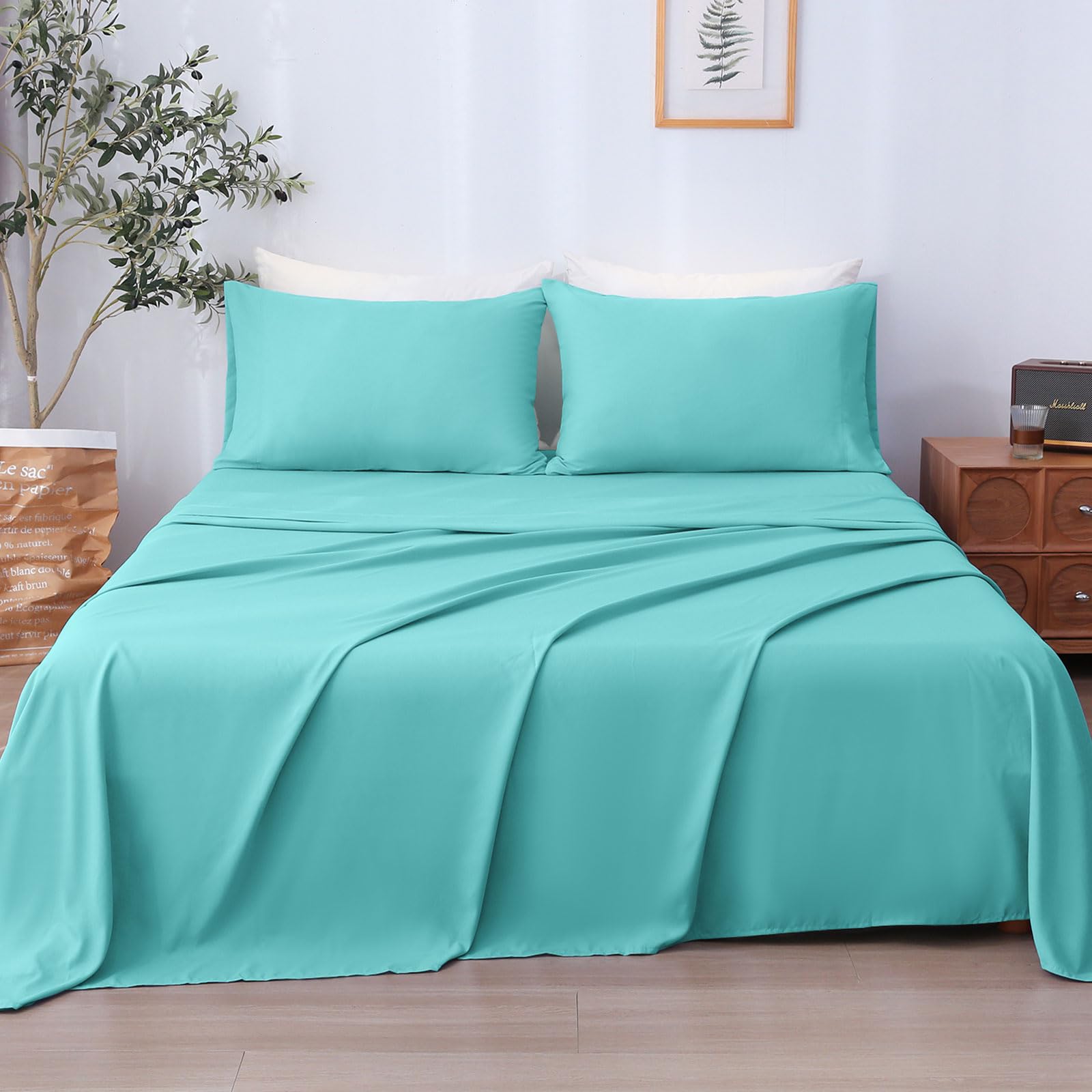 LONAVA Twin Sheet Set 3 Pieces,Light Teal Ultra Soft & Breathable Microbifer Sheets, 1600 Thread Count Hotel Luxury Oeko-Tex Bed Sheets, 14-16 Inch