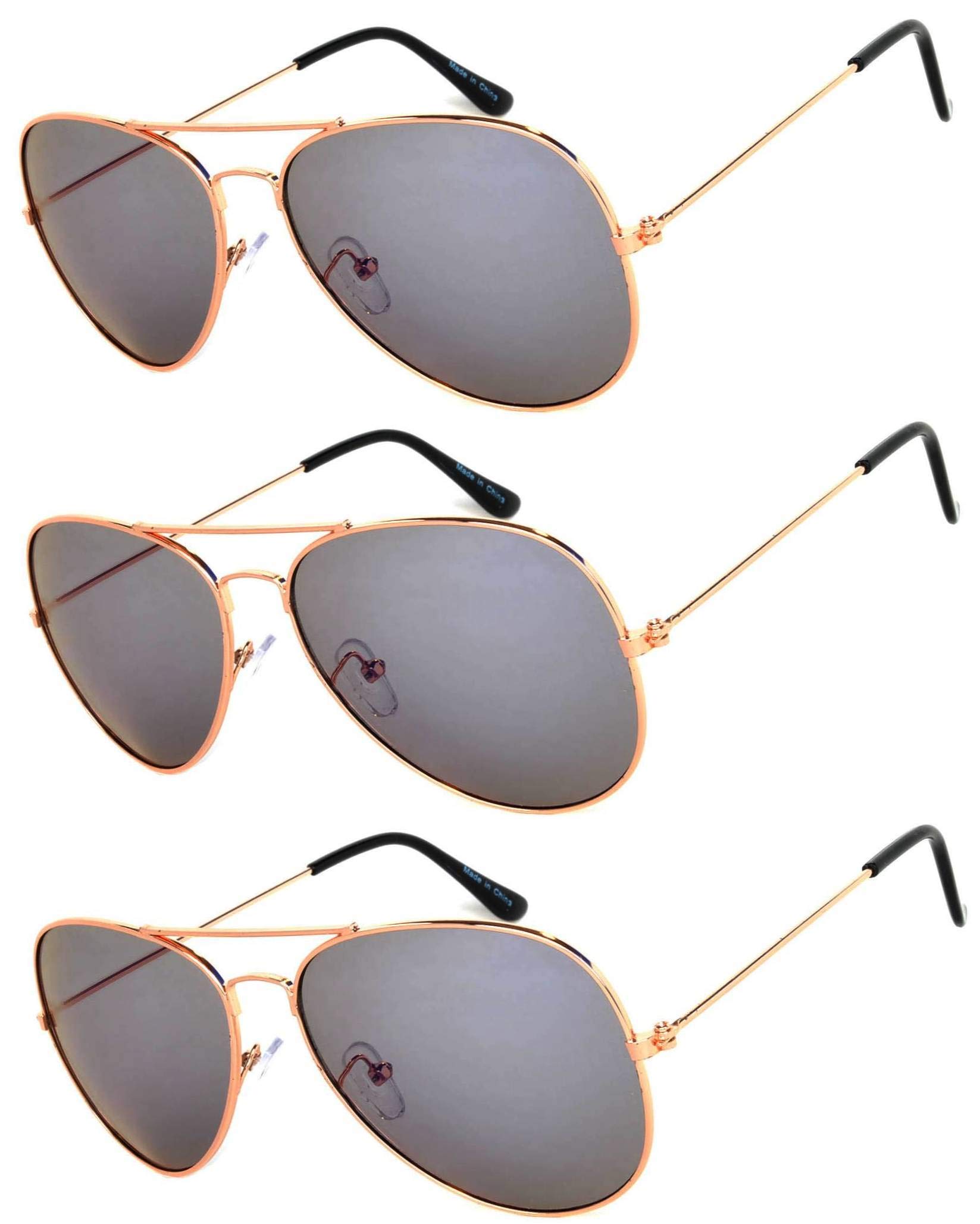 OWL Set of 3 Pack Aviator Style Sunglasses Colored Metal Frame Mirror Lens Smoke Lens