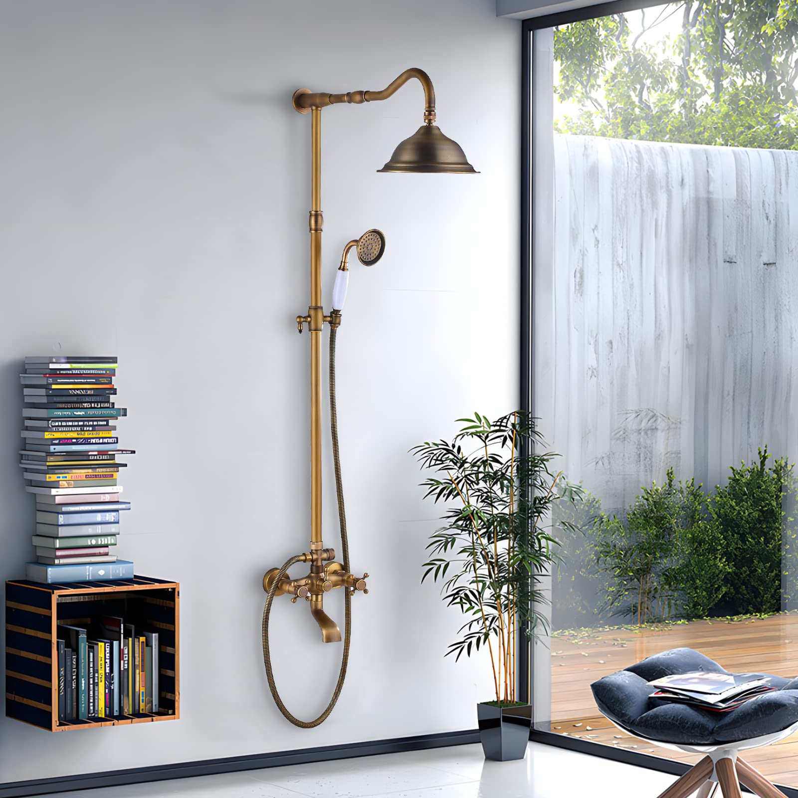 Duschsystem In Antikem Messing – Mit Regendusche, Handbrause & Wannenauslauf, Wandmontage