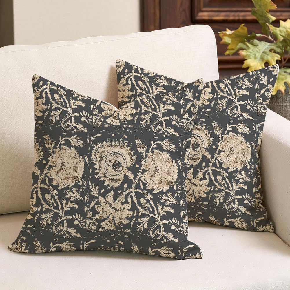 RABUSOFA Dunkelgrau Künstlerische Blumen Kissenbezug 45x45 2er Set Kissen Modern Wohnzimmer Deko Outdoor Couchkissen Sofakissen für Garten Sofa Decorations Indoor Baumwolle Leinen