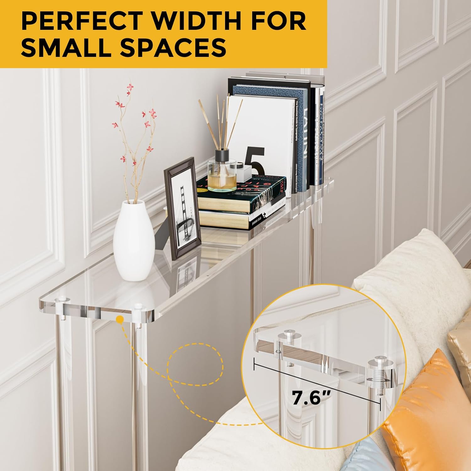 Acrylic Console Table, 39.5” Narrow Sofa Table with 2-Tier Storage Shelves, Clear Skinny Entryway Table for Living Room, Foyer, Hallway