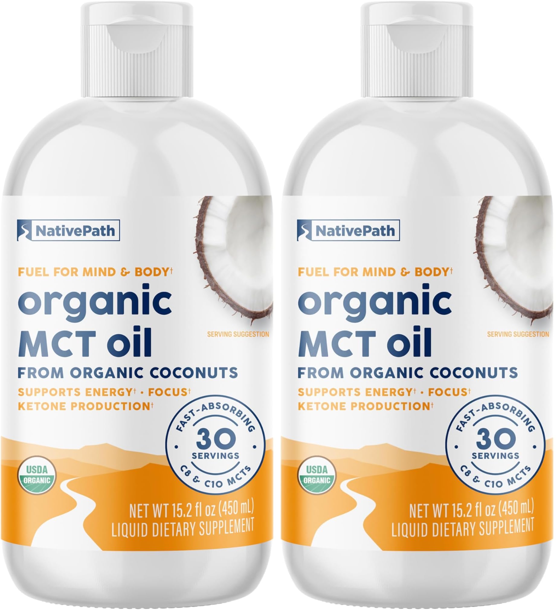 NativePath USDA Organic MCT Oil, 30 Servings - Premium C8 & C10 from Coconuts - for Keto Coffee, Energy & Focus - Flavorless, Non-GMO, Vegan (15.2 fl oz) (Pack of 2) 30 Servings (Pack of 2)