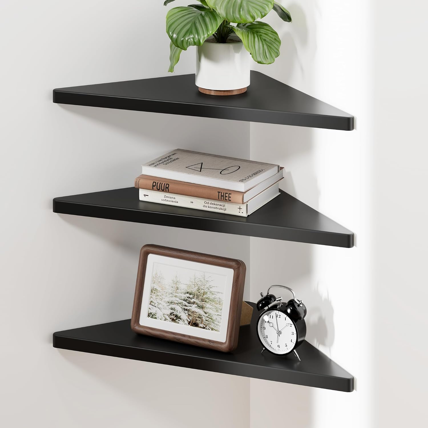 Corner Shelf Wall Mount, Engineered Wood Floating Corner Shelves with Cable Hole, Wall Mounted Storage Display for Bathroom, Bedroom, Living Room, Kitchen (12in, White, Triangle Shape)