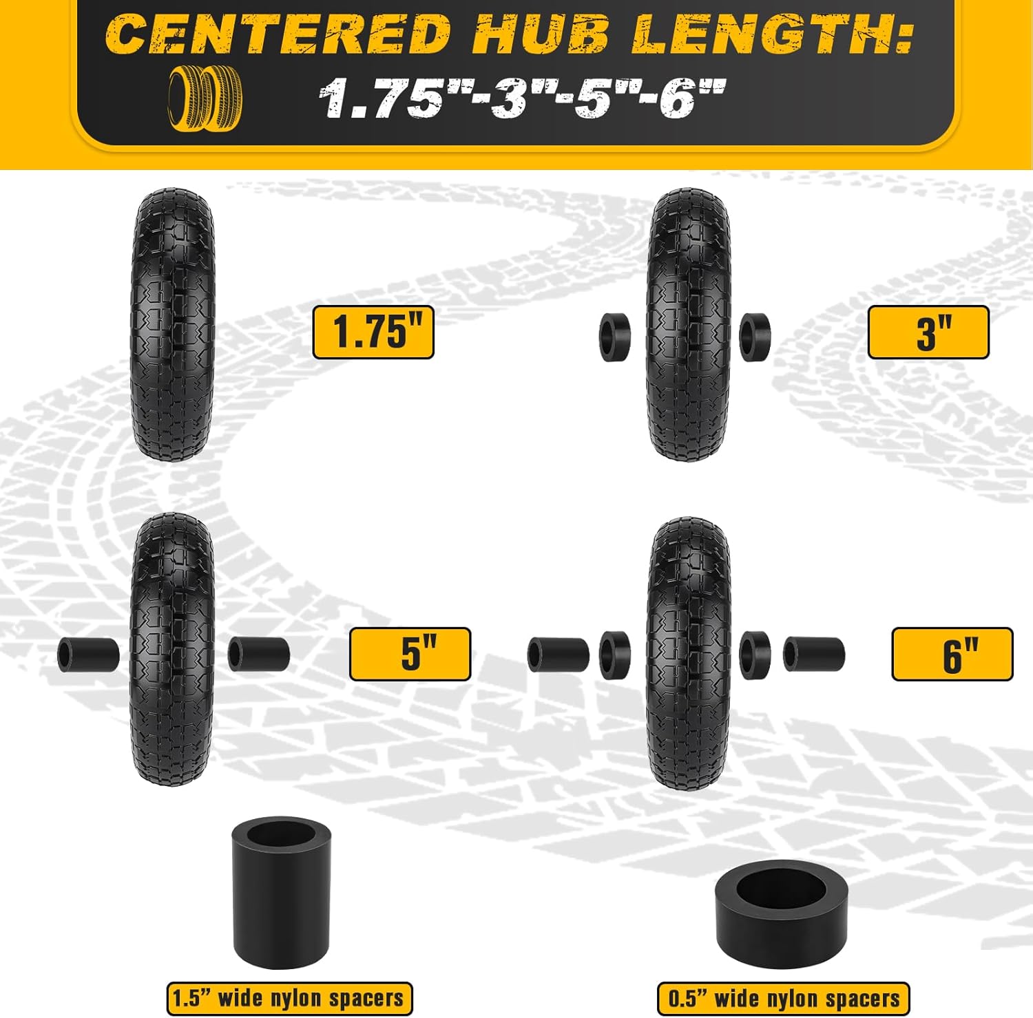 4.00-6 Tire and Wheel Flat Free, 13" Wheelbarrow Wheels and Tires with 5/8" or 3/4" Bearings 4.00-6 Solid Tires Replacement for Wheelbarrow, Garden Carts, Wagon, Dolly, Hand Trucks(2 PCS, Black)