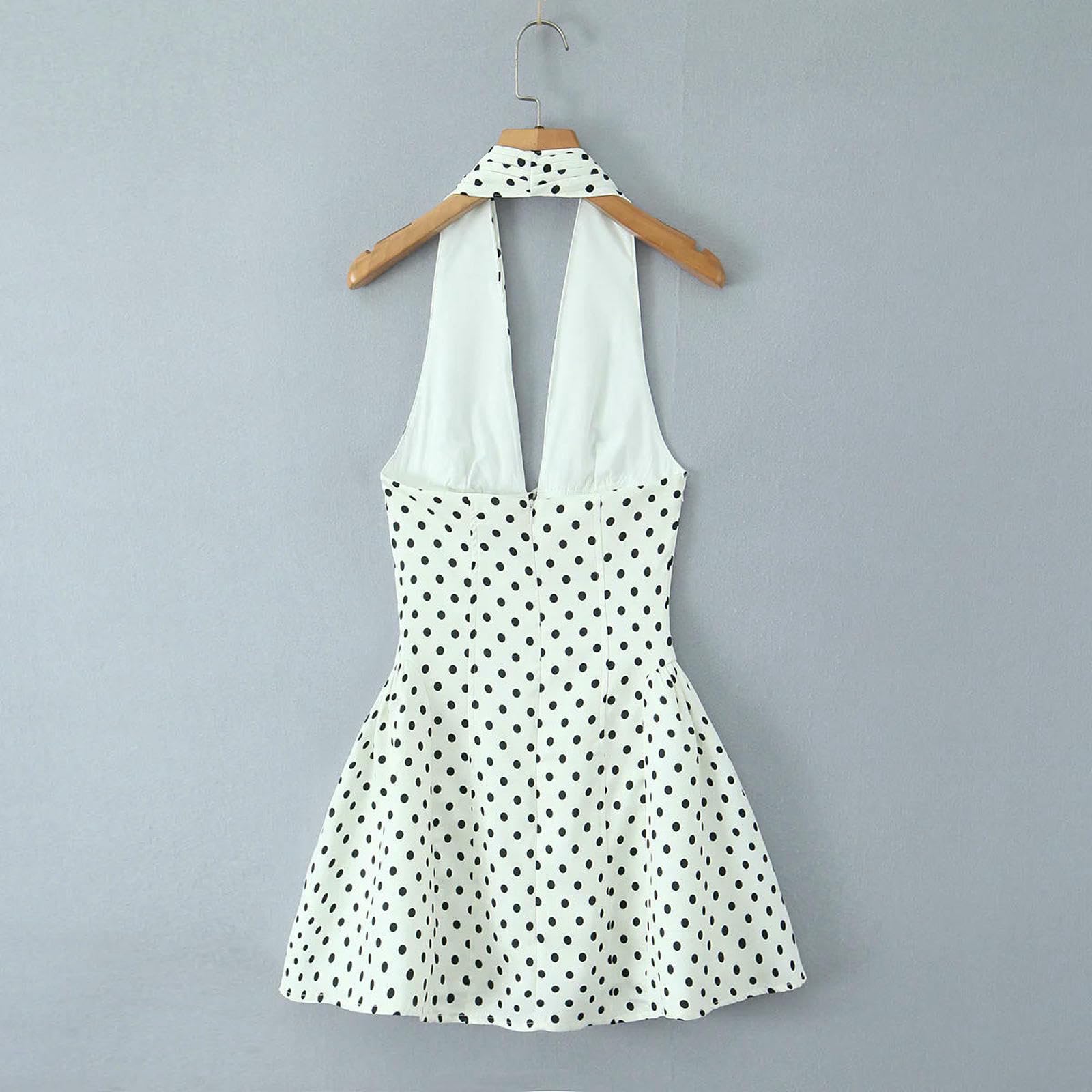 Vestito Donna Elegante Abito Stile Francese retrò A Pois con Scollo V Profondo da Sexy Senza Schienale A-Line Sottile Dolce Mini Abiti Estivo-Come Immagine-m