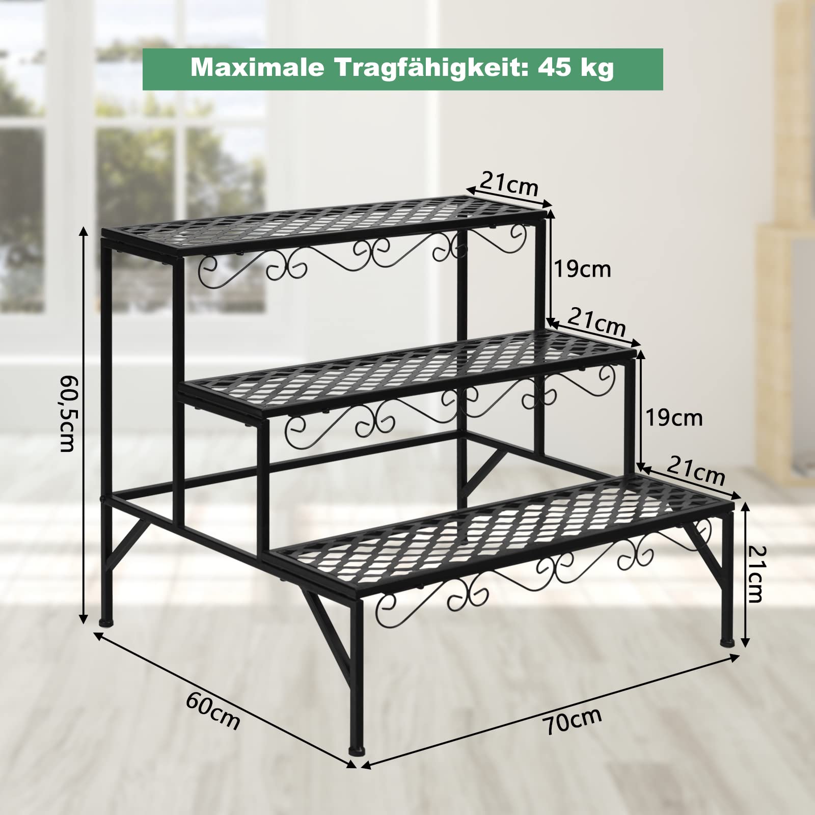 GOPLUS 3 Ebenen Metall Pflanzenständer, Blumentreppe Outdoor, Blumenregal Pflanzentreppe für Garten Balkon, schwarz, 70 x 60 x 60,5cm (Rechteckig-mit Muster)