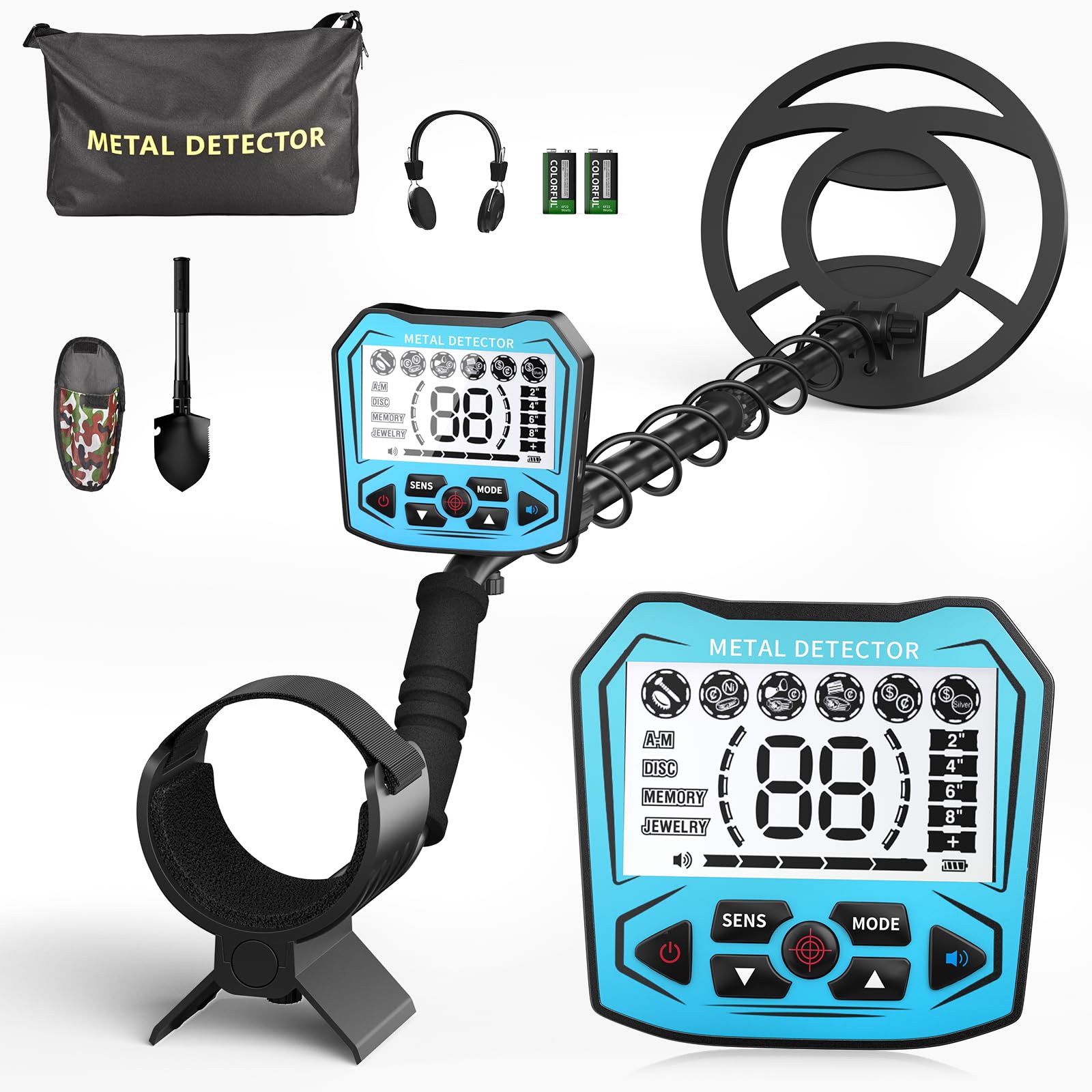 Metal detector professionale con 2 batterie, 5 modalità Metal detector per adulti e bambini, chip anti-interferenza, impermeabile IP68, alimentazione a batteria e USB (Azzurro)