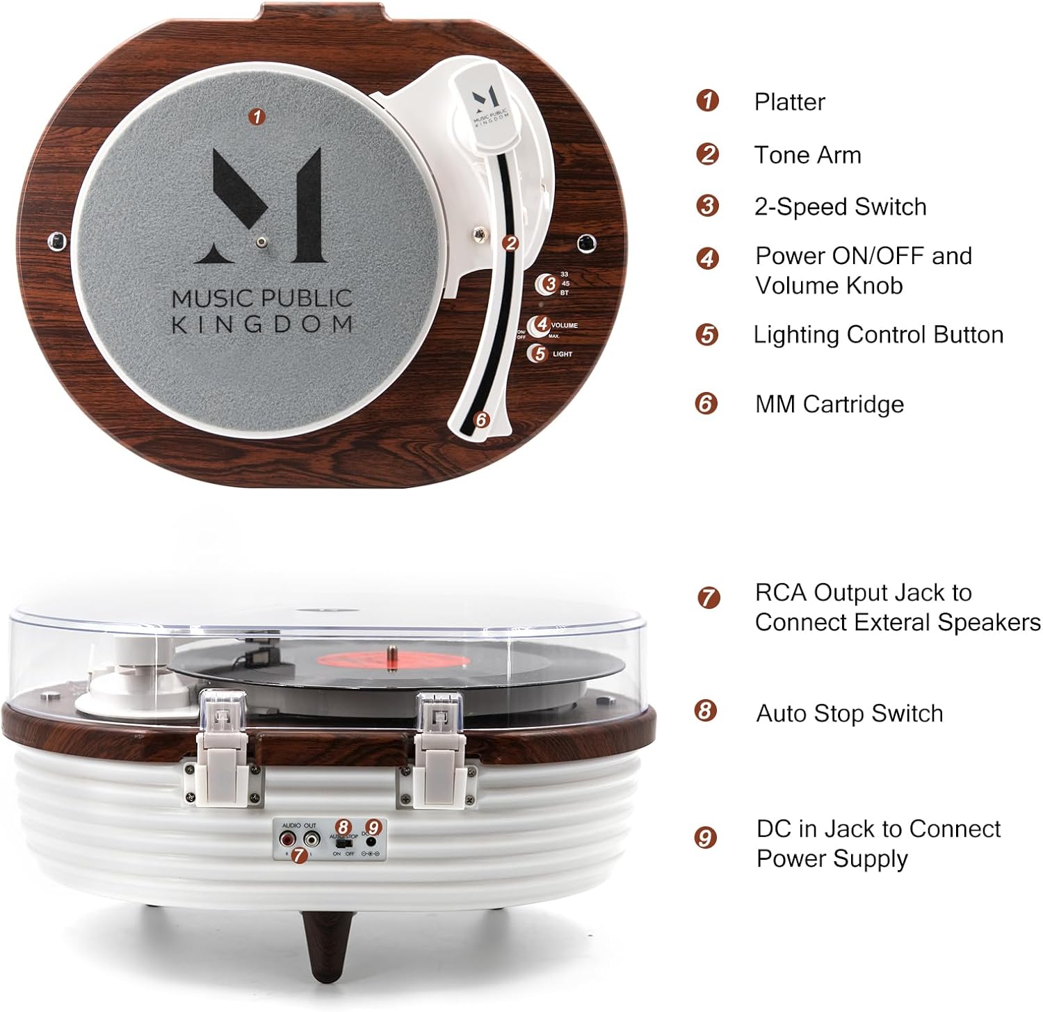 Diagram of M MUSIC PUBLIC KINGDOM TT238 turntable with numbered parts: 1. Platter, 2. Tone Arm, 3. 2-Speed Switch, 4. Power ON/OFF and Volume Knob, 5. Lighting Control Button, 6. MM Cartridge, 7. RCA Output Jack, 8. Auto Stop Switch, 9. DC in Jack.