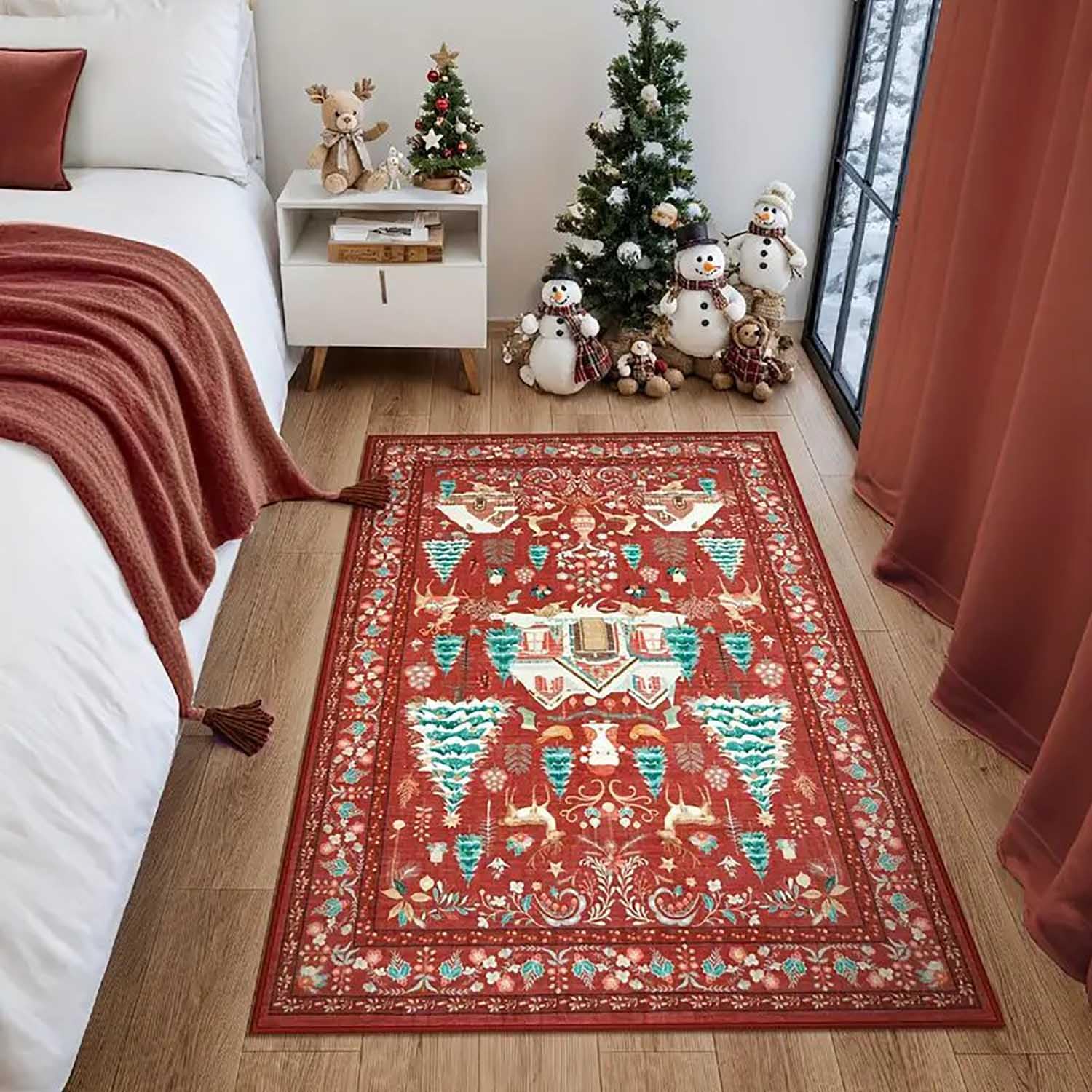 Alfombra Roja Vintage de Navidad,Alfombras Lavables Salon Decorativa con Patrón Navideño,Alfombra Antideslizante Cocina Navideña,Alfombra Bohemio Grande para Salón Entrada Oficina,80x120cm