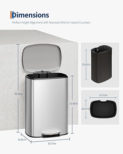Miniatura 7 de Garvee Juego combinado de botes de basura de acero inoxidable de 13 galones (50 L) y 2.6 galones (10 litros), bote de basura inoxidable con tapa