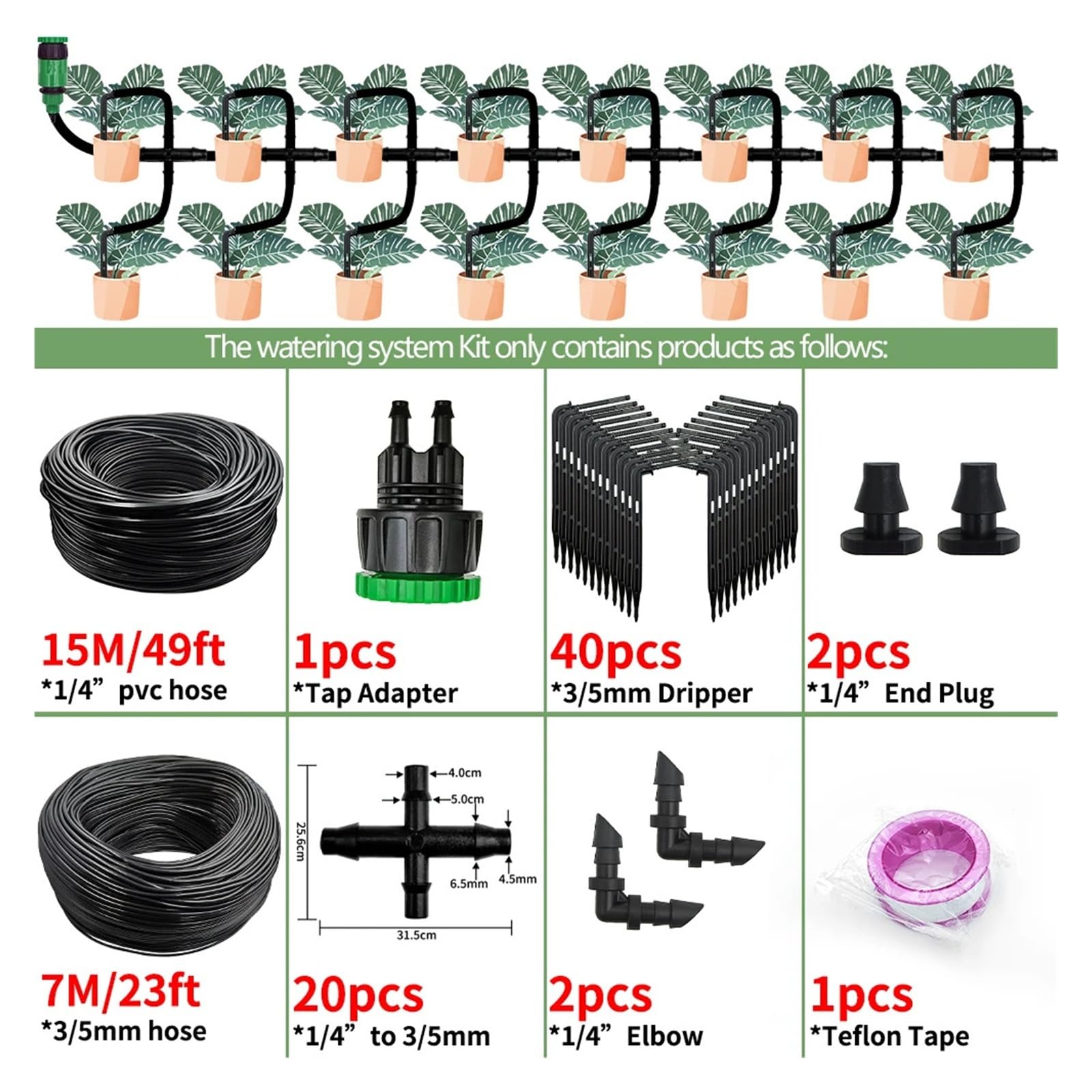 Kit di irrigazione a goccia for serra Sistema di irrigazione automatico Giardino Gocciolatore for tubo a 4 vie da 4/7mm a 3/5mm for piante in vaso Bonsai di verdure(15M-40 Drippers)