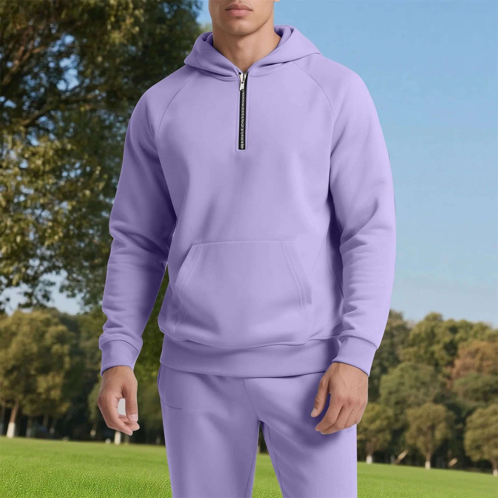 Hombre Conjunto con Capucha Cierre Claro 1/4 Top Pantalones De Correr | Chándal Hombre Conjunto de Correr Manga Larga Traje Deportivo Elástico Chándal Con Capucha Al Aire Libre