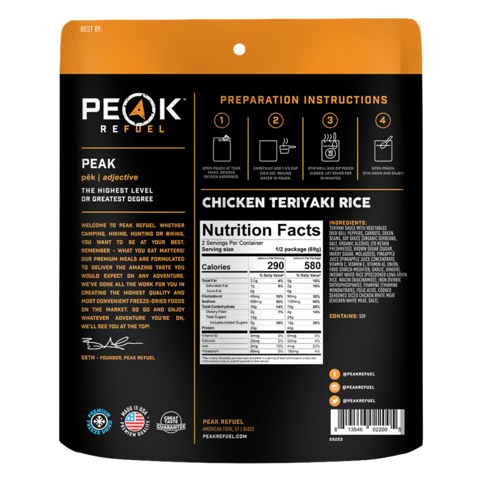 Peak Refuel Chicken Teriyaki Rice | 40g Protein | 580 Calories | 100% Real Meat | Premium Freeze Dried Backpacking & Camping Food | 2 Servings | Ideal MRE Survival Meal (2-Pack)