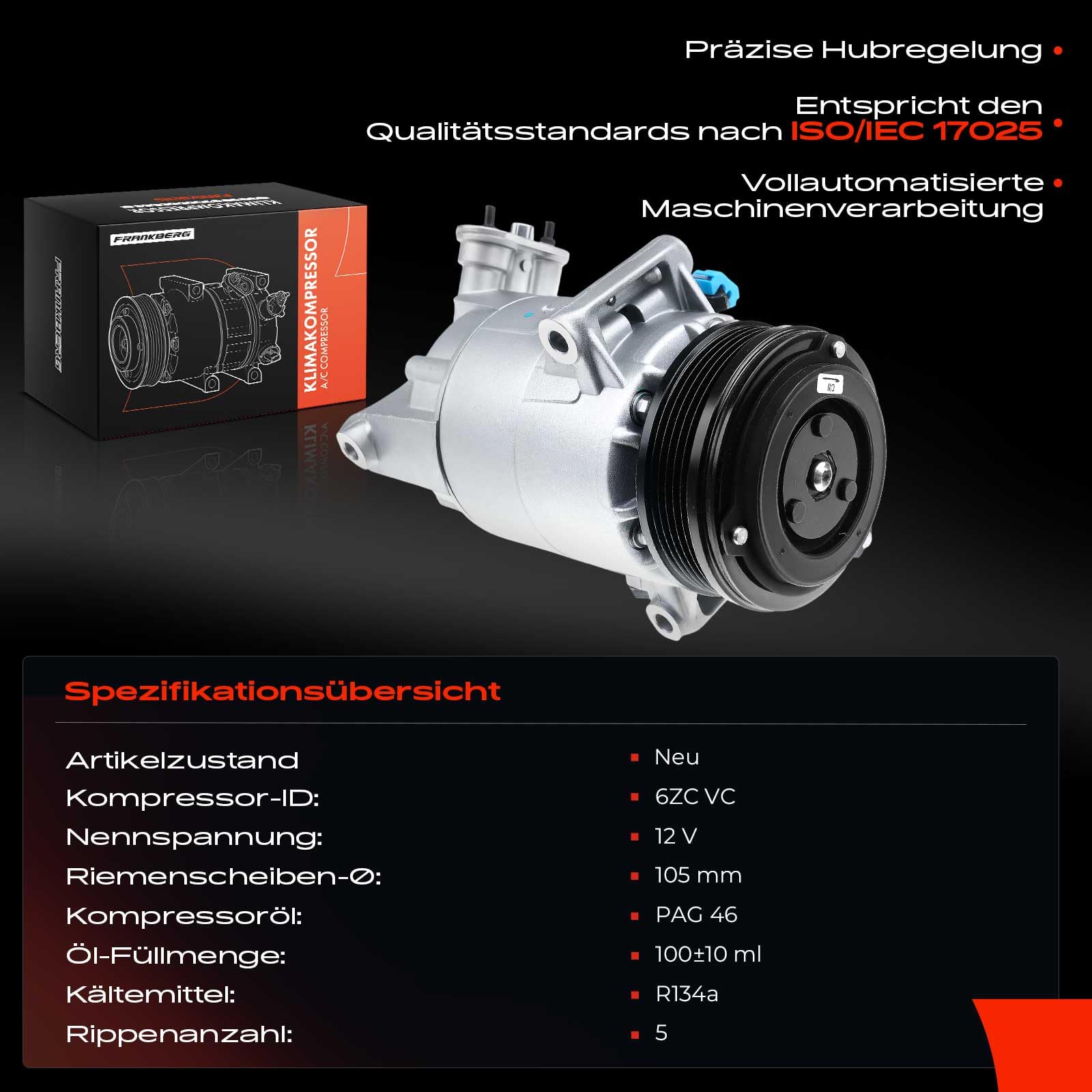 Frankberg Klimaanlagen Kompressor mit Kupplung Benzin Kompatibel mit Meriva X03 Zafira/Zafira Family B A05 Astra G T98 F70 Astra H A04 L70 Replace# 24466994, inkl. Öl vorbereift