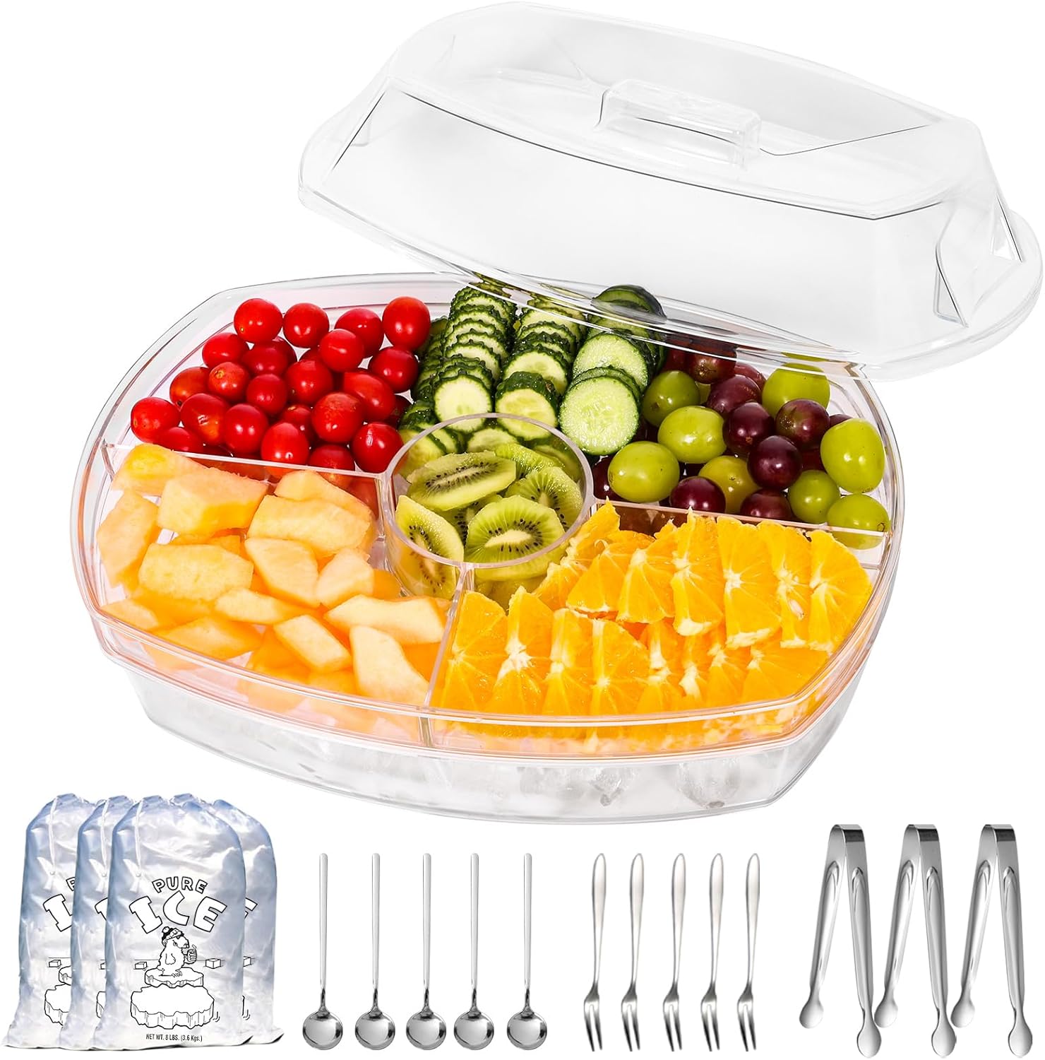 Large Capacity Ice Serving Tray, Fruit Trays for Serving for Party, Chilled Vegetable/Veggie Tray, Shrimp Cocktail Serving Dish- 15 Inch Chilled Party Platter with Lid and 4 Compartments