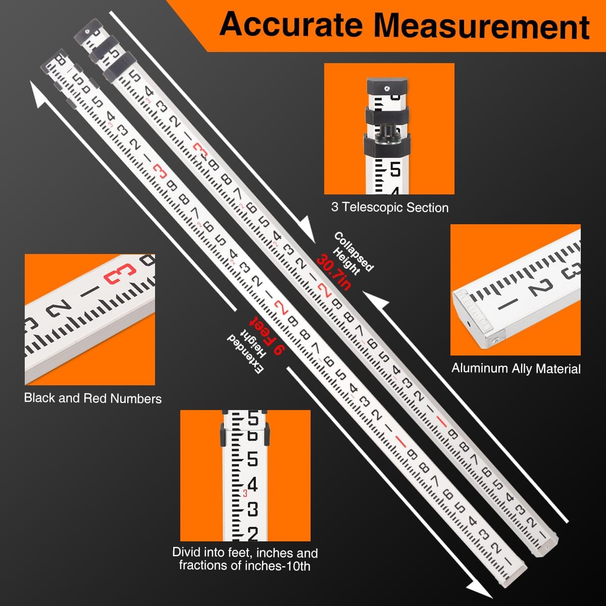 Aluminum Grade Rod 9Foot-10th, 3 Sections Dual Sided Telescoping Leveling Rod with Bubble Level and Carrying Case