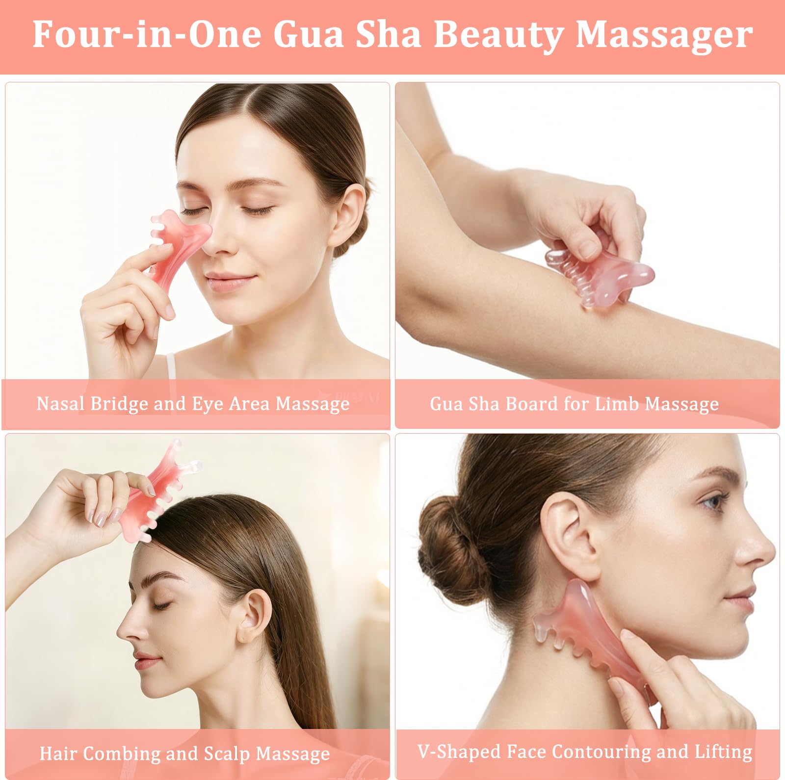 Gua Sha urządzenie do masażu pięknego, 2 sztuki, 4 w 1, wielofunkcyjny grzebień do masażu twarzy Gua Sha, kamień różowy kwarc, urządzenie do pielęgnacji oczu, modelowania szczęki, pielęgnacji głowy