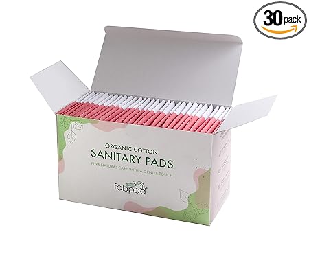 FabPad Organic Cotton Ultra Thin Rash Free Biodegradable Eco-Friendly Sanitary Pads Period Napkins with Disposable Cover (Heavy Flow, Pack of 30)
