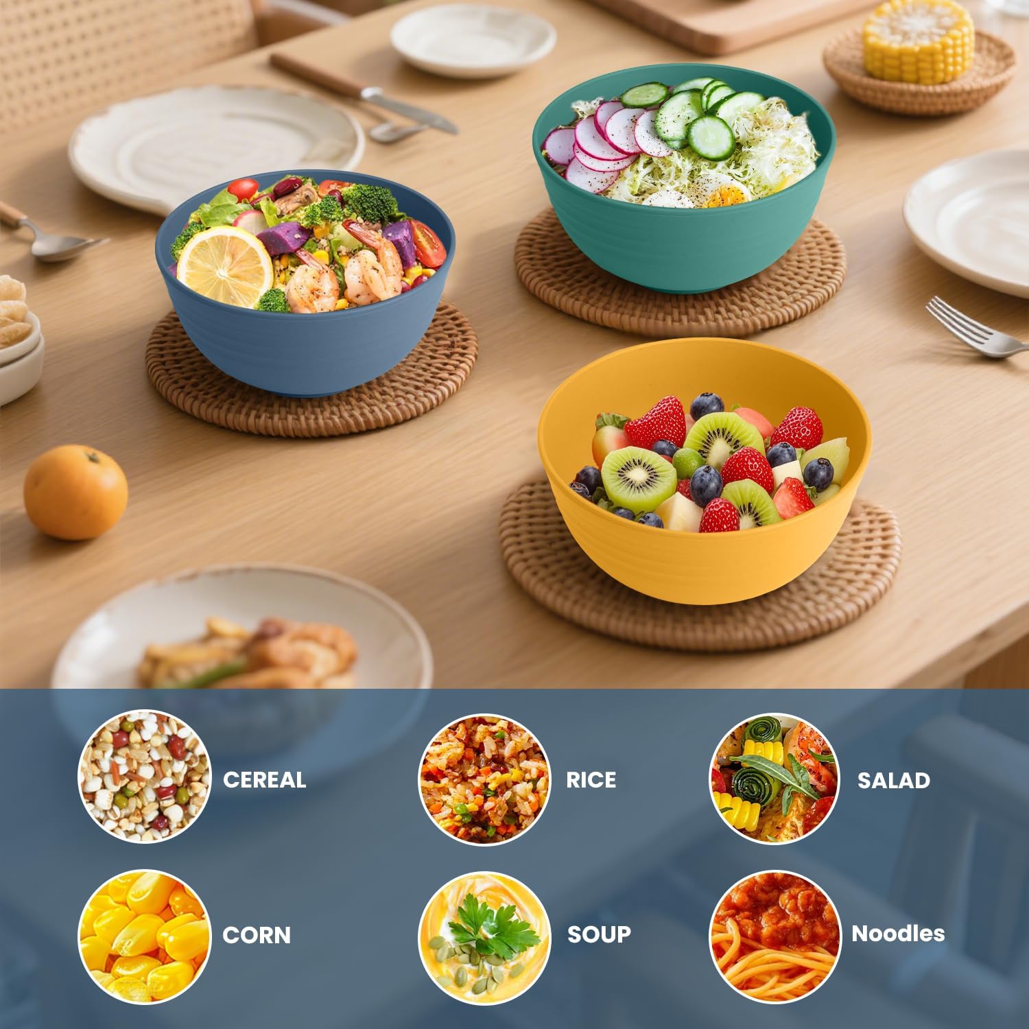 Wheat Straw Bowl 26oz, Unbreakable Cereal Bowls Set of 6, Lightweight Soup & Ramen Bowl, Microwave & Dishwasher Safe Kitchen Bowls for Party, RV, Camping, Picnic - Multi - Image 5