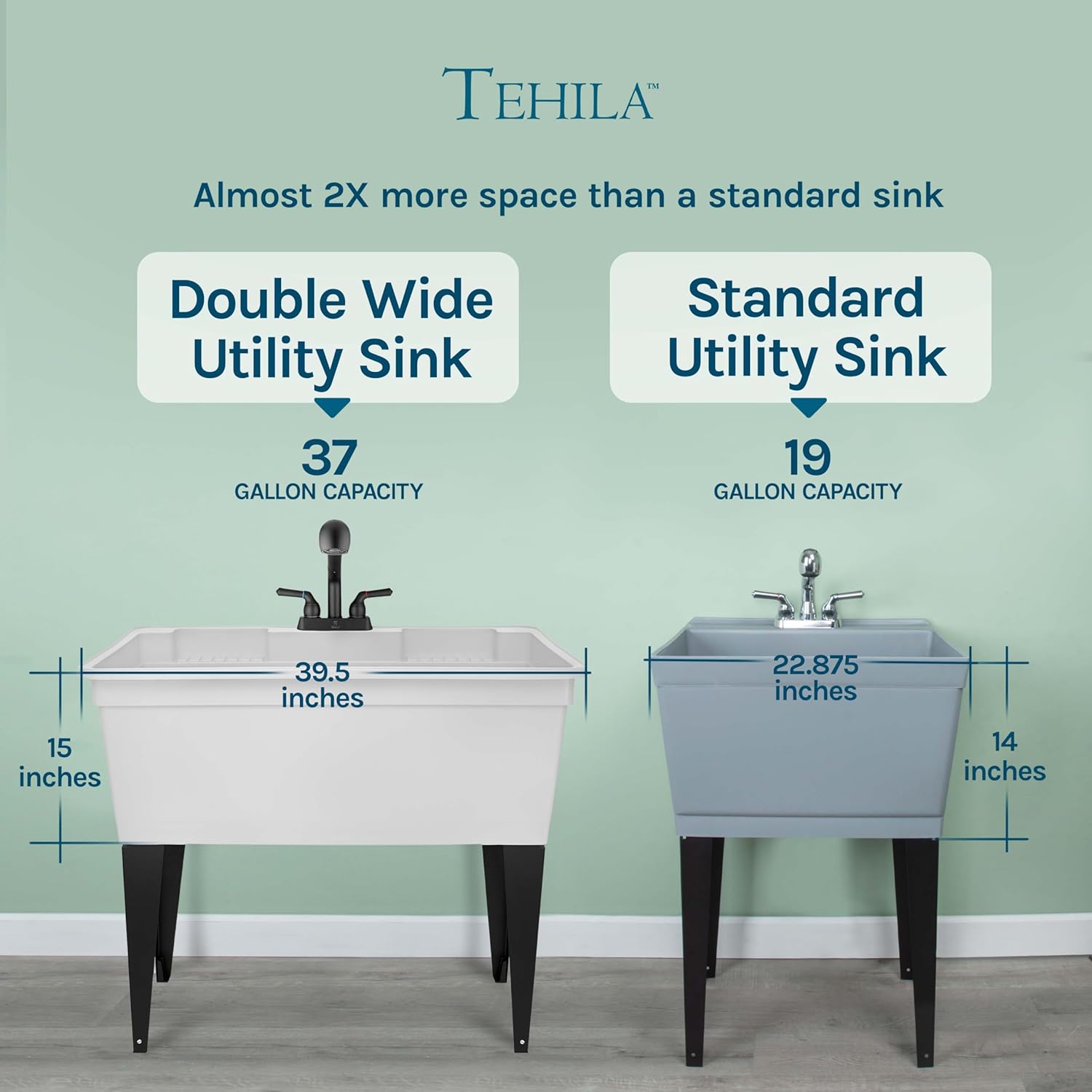 Tehila Freestanding Double-Wide Utility Sink with Steel Legs & Black Pull-Out Faucet, Multi-Purpose Heavy-Duty Laundry Tub and Kitchen Sink for Homes & Business, White