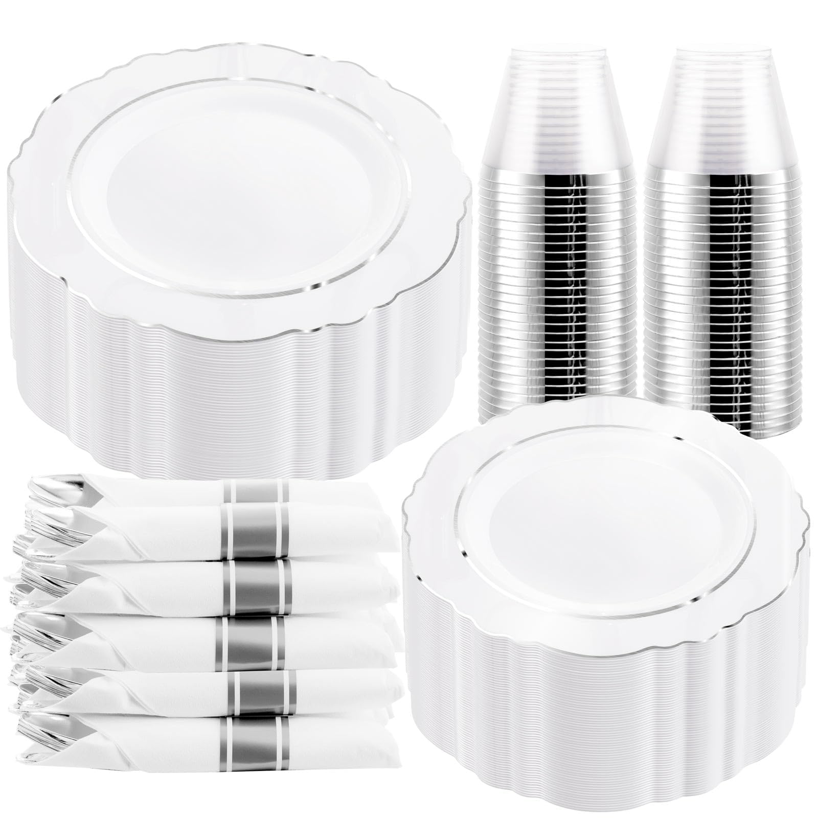 350Pcs Silver Christmas Plastic Plates with Disposable Silverware and Cups, include: 50 Dinner Plates 10.25”, 50 Dessert Plates 7.5”, 50 Silver Rim Cups 9 OZ, 50 Pre Rolled Napkins