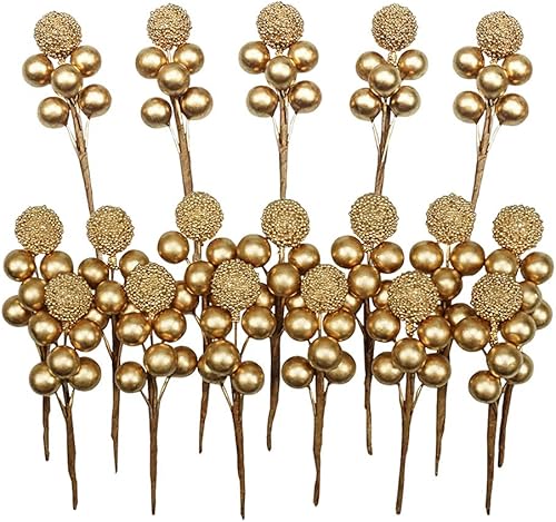 DRWATE Bilipala - Hojas de acebo artificiales doradas, tallos de bayas falsas de invierno, Navidad, decoración para guirnalda de bricolaje y adornos