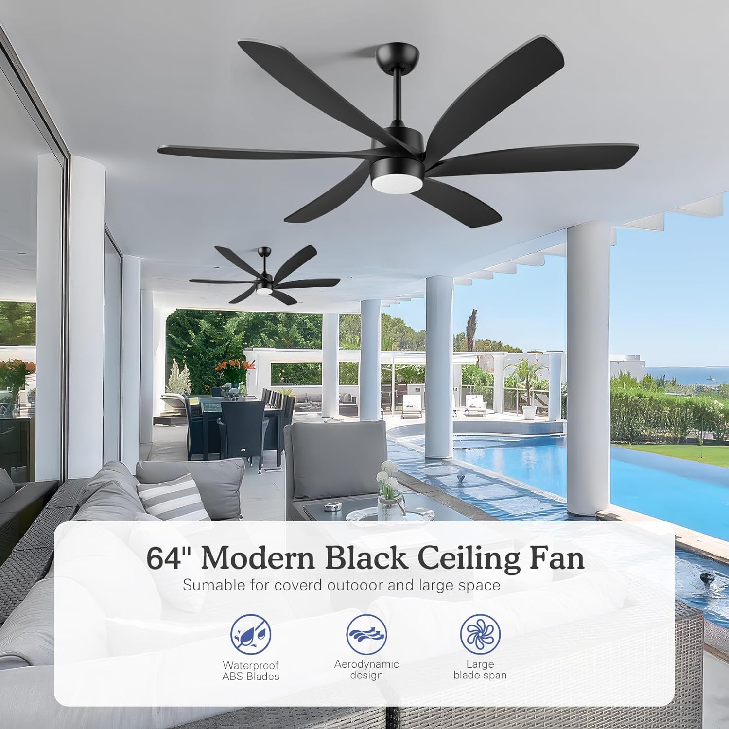 64 Inch Smart Outdoor Ceiling Fan with Light, Alexa/App/Remote Control, Large Airflow Quiet Reversible DC Motor, Damp-rated for Indoor Exterior Patios Proch Garage Living Room, Modern Black Industrial