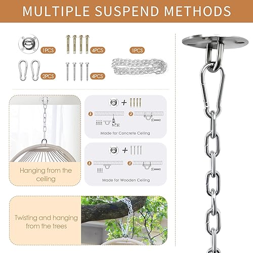 Miniatura 5 de Silla colgante de mimbre con soporte para porche Hamaca resistente a los rayos UV con estructura de aluminio, 350 libras de capacidad, para balcón,